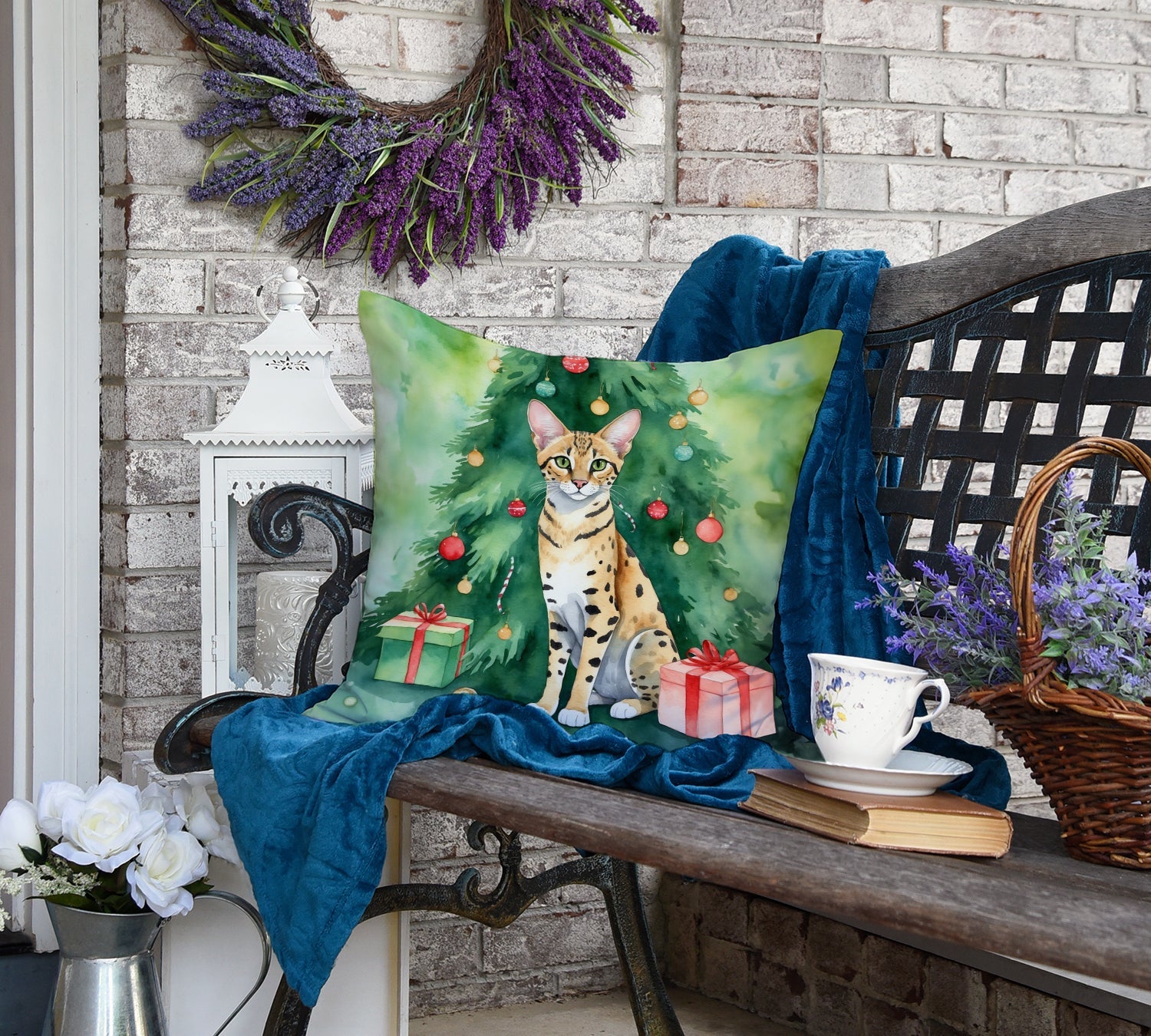 Savannah Cat By the Christmas Tree Decorative Throw Pillow 18x18 Indoor Outdoor Accent Cushion, Fabric Cover with Insert for Sofa, Bed, Porch & Living Room