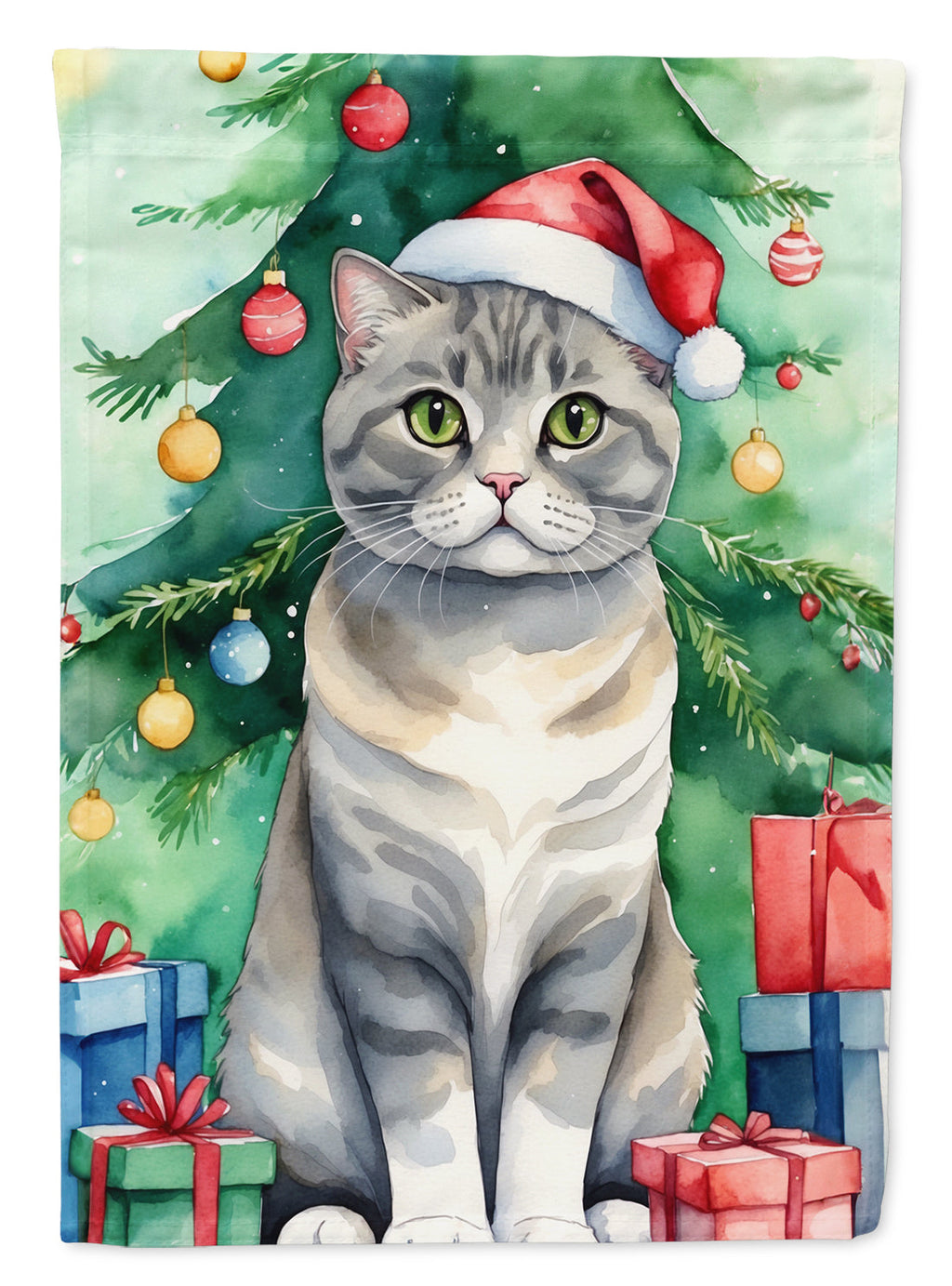 Scottish Fold Cat By the Christmas Tree House Flag 28x40 Porch Sleeve Pole Decorative Outside Yard Banner Artwork Wall Hanging, Polyester