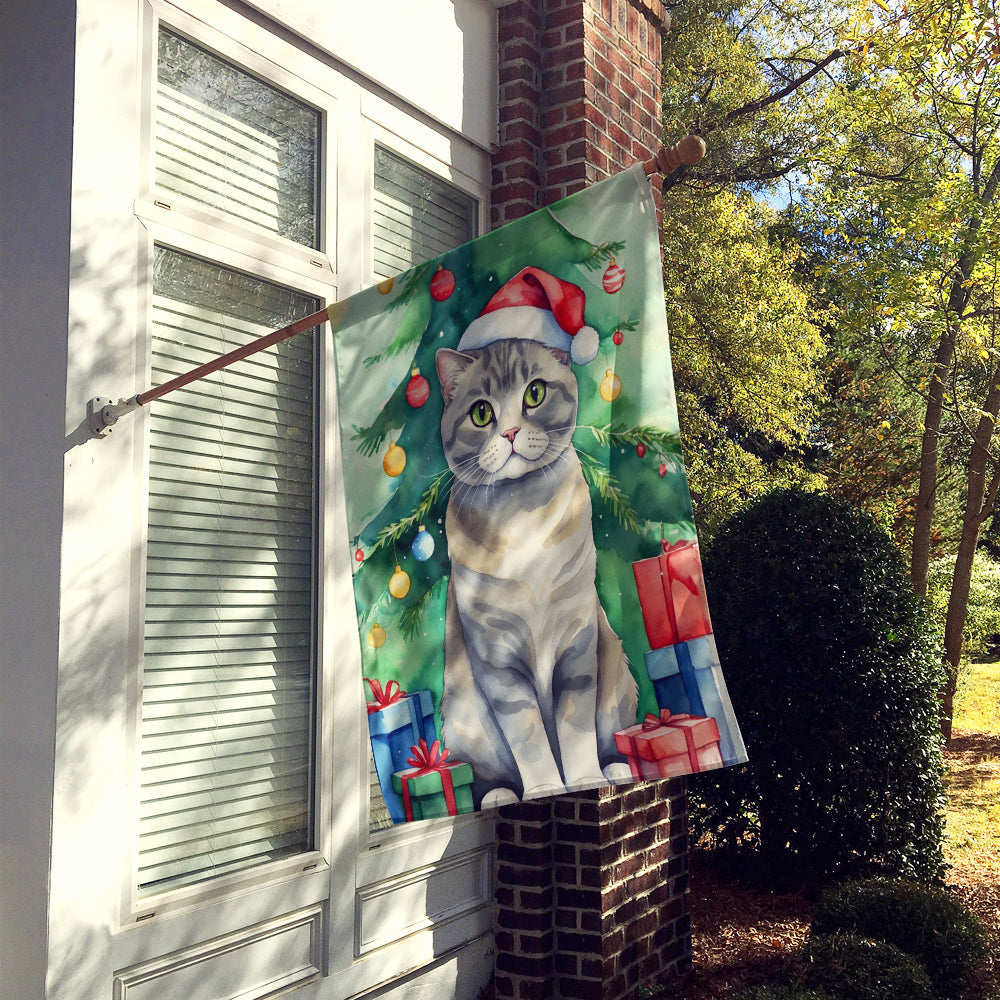 Scottish Fold Cat By the Christmas Tree House Flag 28x40 Porch Sleeve Pole Decorative Outside Yard Banner Artwork Wall Hanging, Polyester