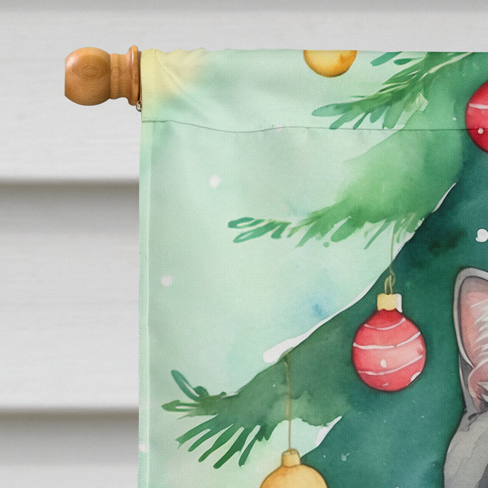 Scottish Fold Cat By the Christmas Tree House Flag 28x40 Porch Sleeve Pole Decorative Outside Yard Banner Artwork Wall Hanging, Polyester