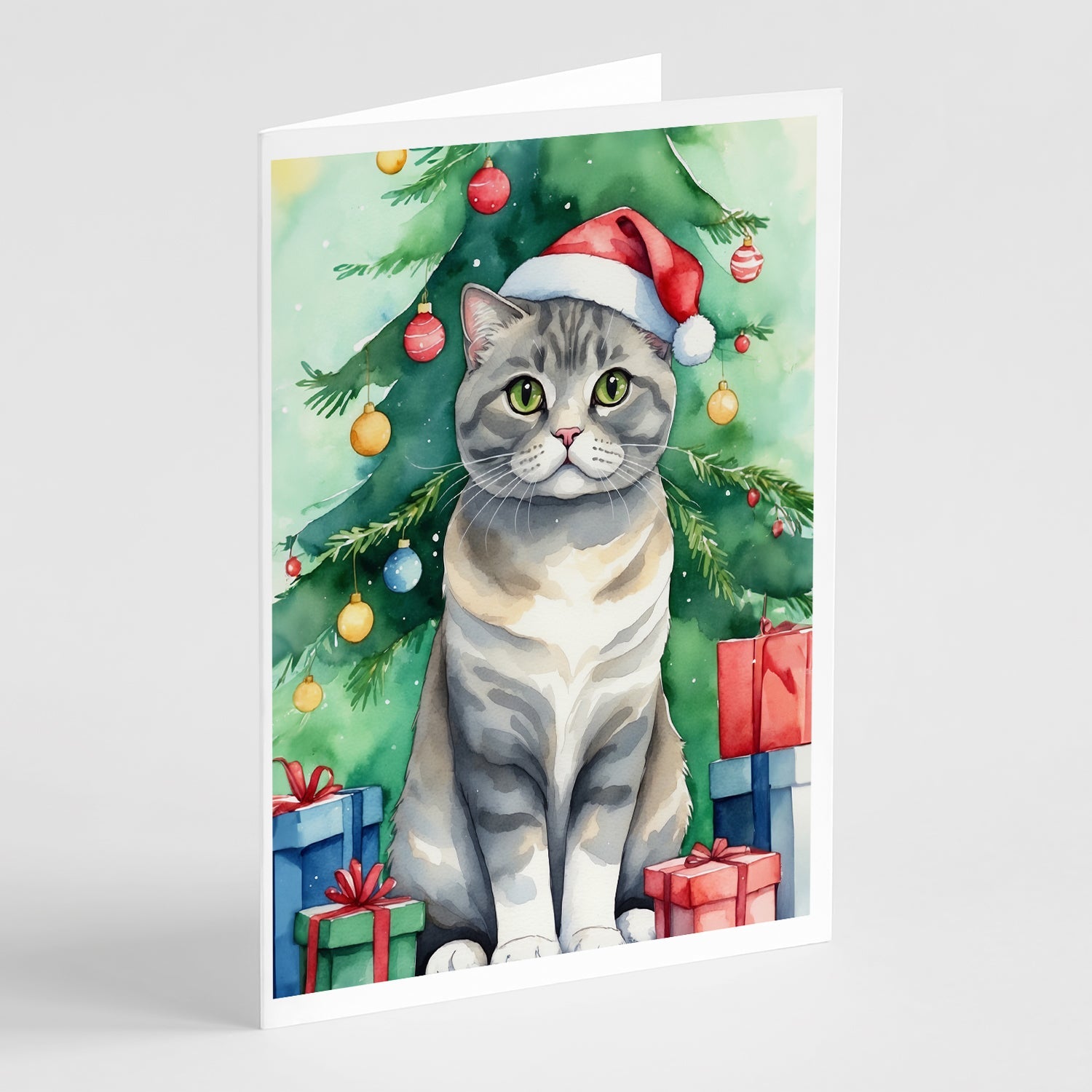 Scottish Fold Cat By the Christmas Tree Greeting Cards Pack of 8 Blank Cards with Envelopes Whimsical A7 Size 5x7