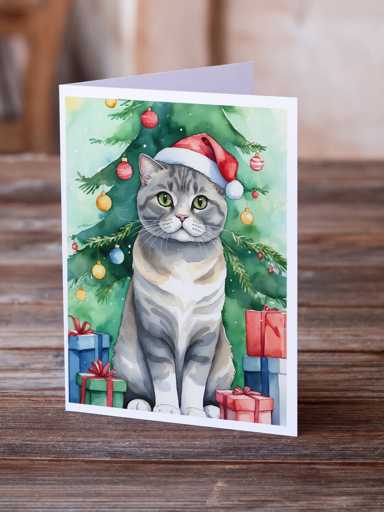 Scottish Fold Cat By the Christmas Tree Greeting Cards Pack of 8 Blank Cards with Envelopes Whimsical A7 Size 5x7