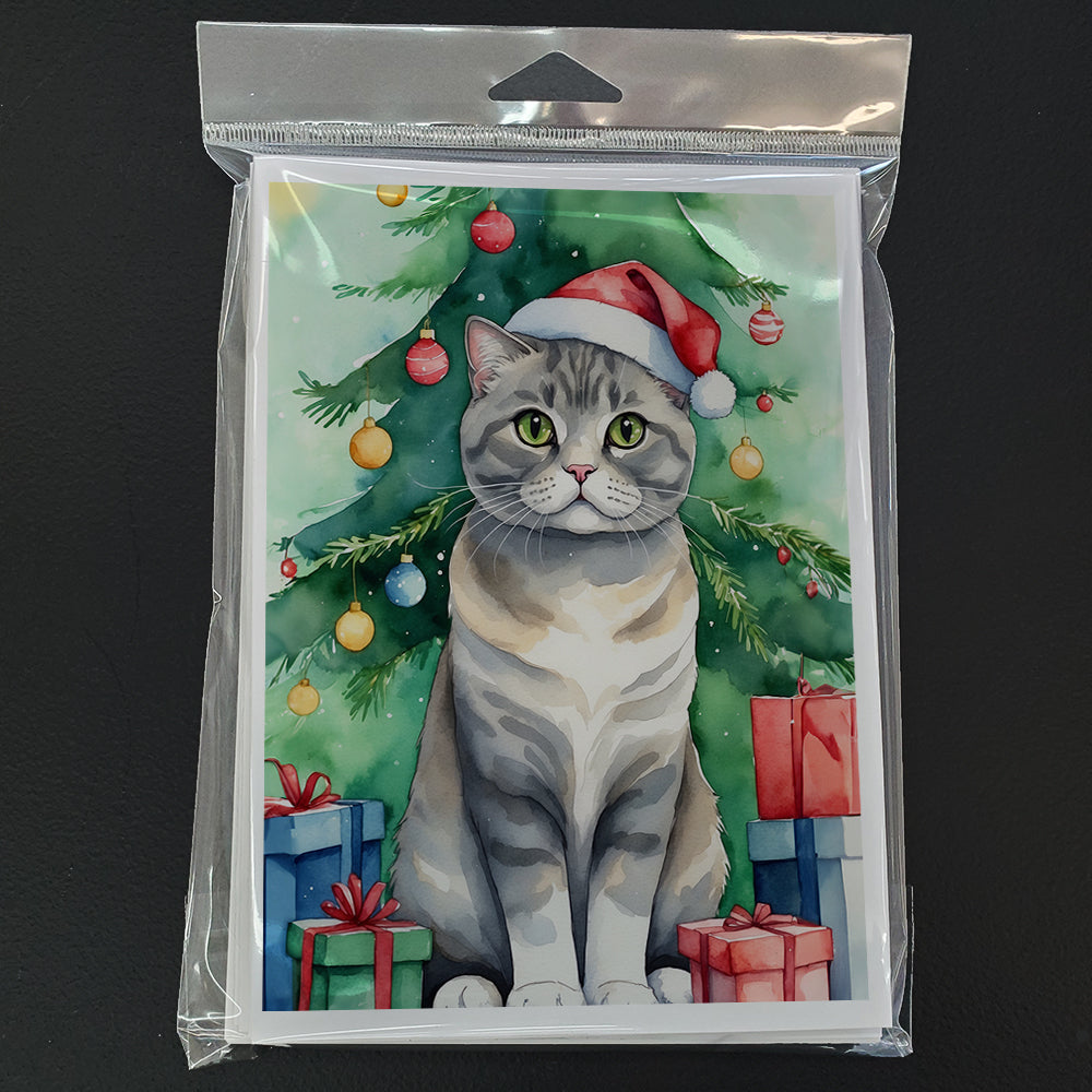 Scottish Fold Cat By the Christmas Tree Greeting Cards Pack of 8 Blank Cards with Envelopes Whimsical A7 Size 5x7