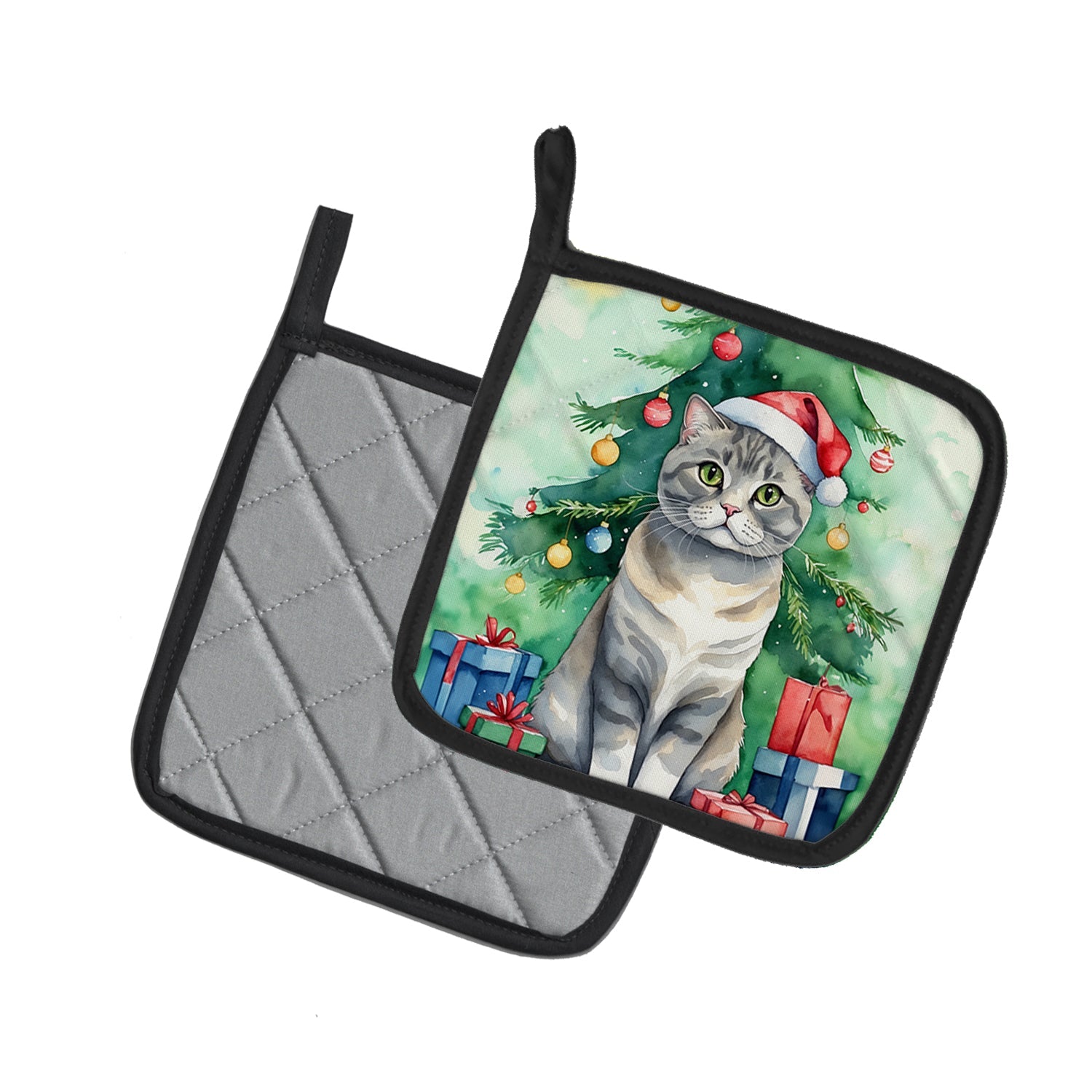 Scottish Fold Cat By the Christmas Tree Pot Holder Set of 2 Heat Resistant Quilted Hot Pads 7.5 x 7.5 Inch, Insulated Kitchen Trivets for Cooking & Baking