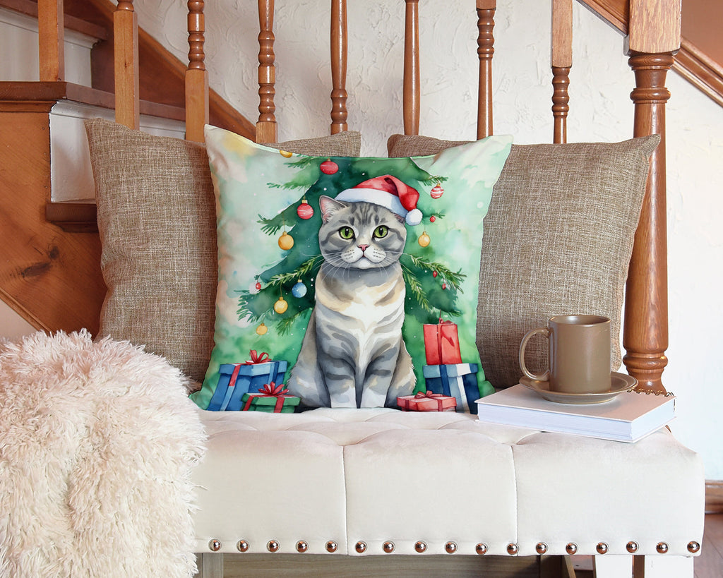Scottish Fold Cat By the Christmas Tree Decorative Throw Pillow 14x14 Indoor Outdoor Accent Cushion, Fabric Cover with Insert for Sofa, Bed, Porch & Living Room