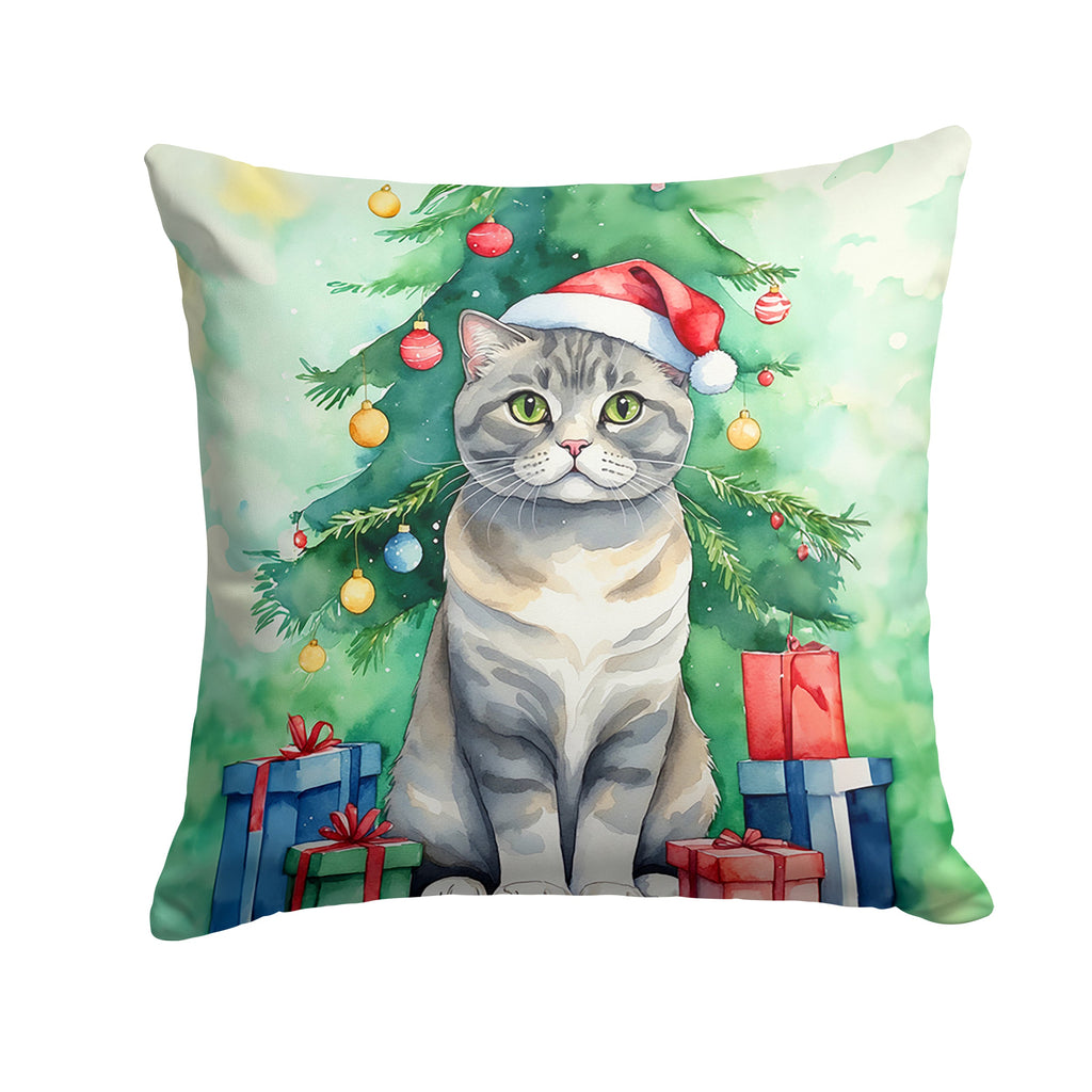 Scottish Fold Cat By the Christmas Tree Decorative Throw Pillow 18x18 Indoor Outdoor Accent Cushion, Fabric Cover with Insert for Sofa, Bed, Porch & Living Room