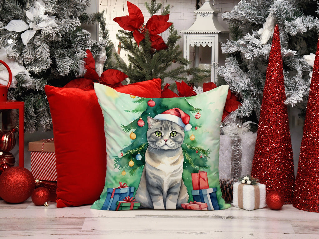 Scottish Fold Cat By the Christmas Tree Decorative Throw Pillow 18x18 Indoor Outdoor Accent Cushion, Fabric Cover with Insert for Sofa, Bed, Porch & Living Room