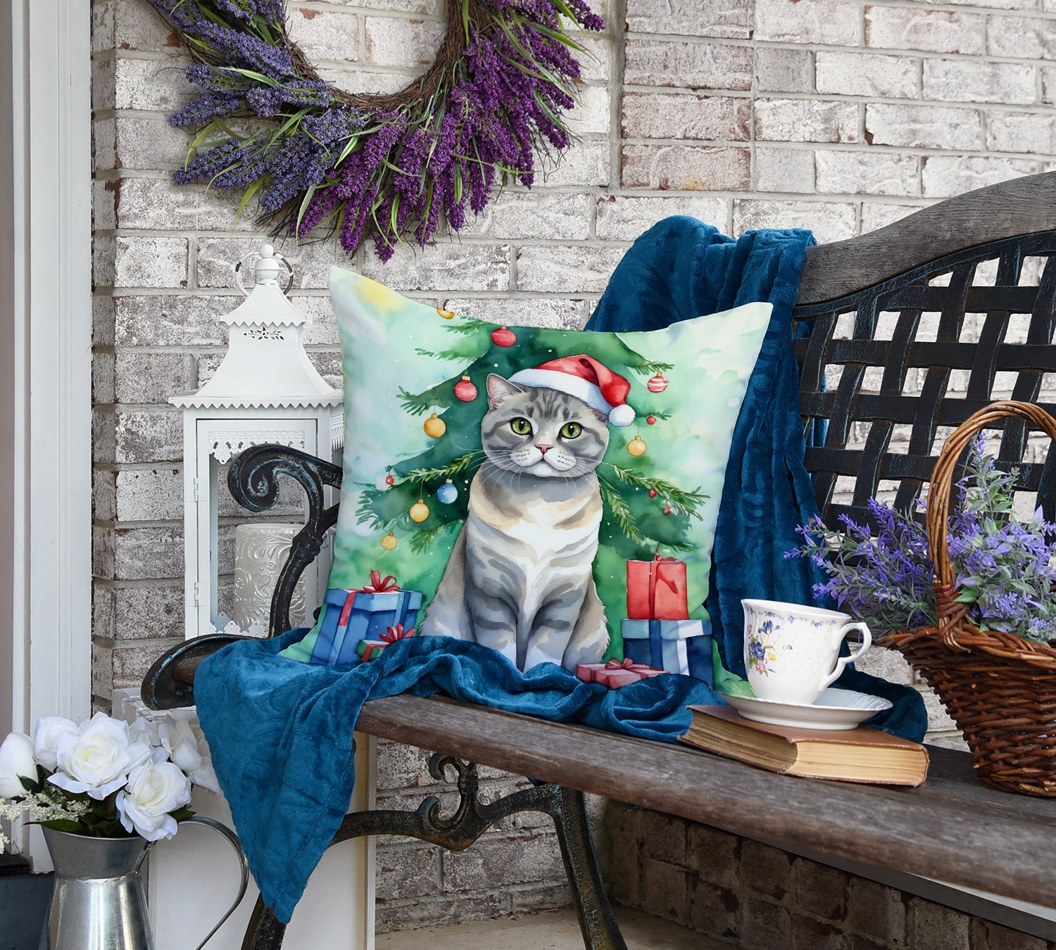 Scottish Fold Cat By the Christmas Tree Decorative Throw Pillow 18x18 Indoor Outdoor Accent Cushion, Fabric Cover with Insert for Sofa, Bed, Porch & Living Room
