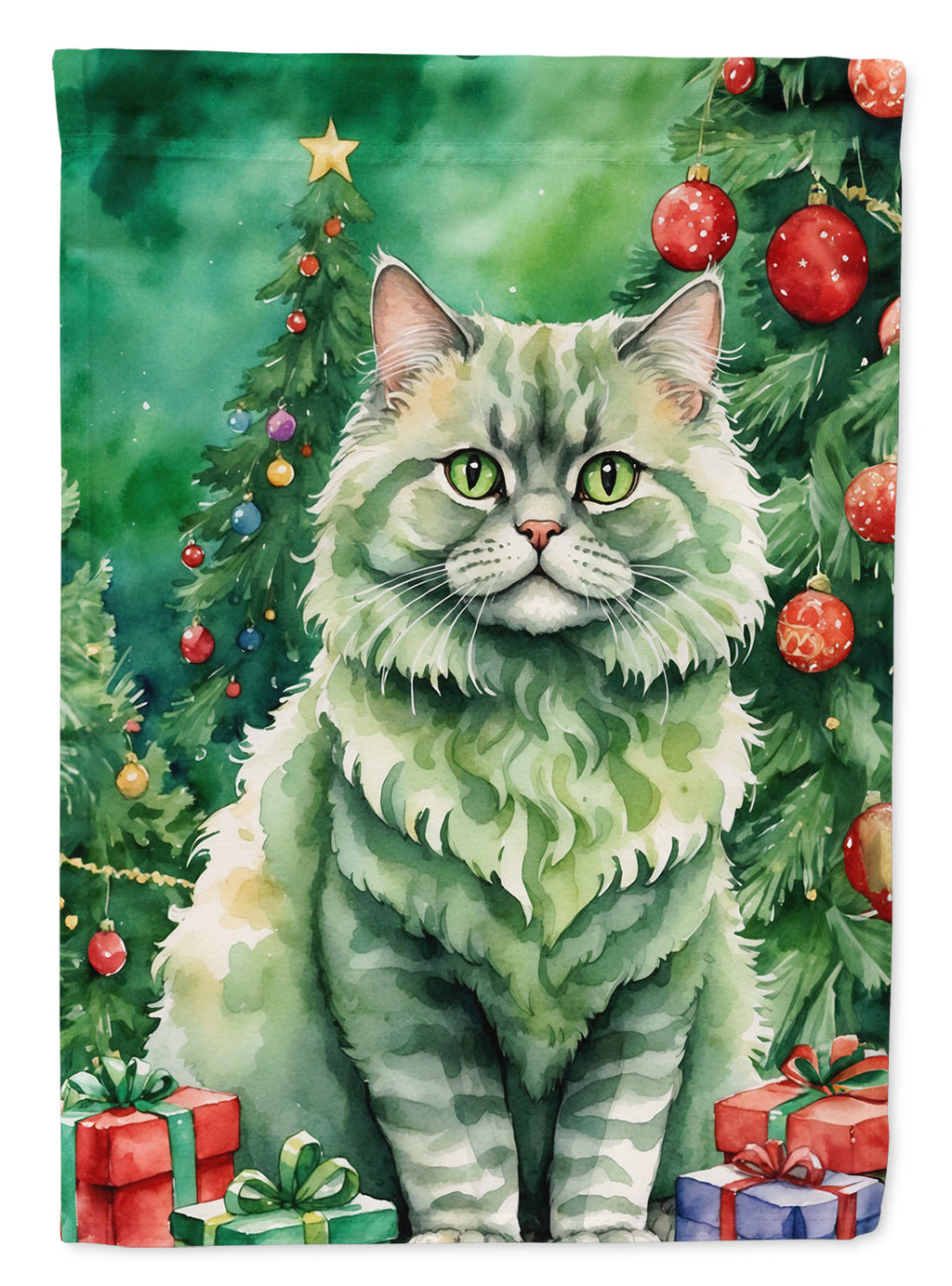 Selkirk Rex Cat By the Christmas Tree House Flag 28x40 Porch Sleeve Pole Decorative Outside Yard Banner Artwork Wall Hanging, Polyester