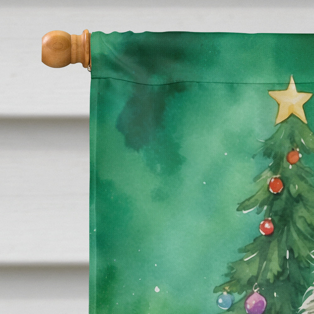 Selkirk Rex Cat By the Christmas Tree House Flag 28x40 Porch Sleeve Pole Decorative Outside Yard Banner Artwork Wall Hanging, Polyester