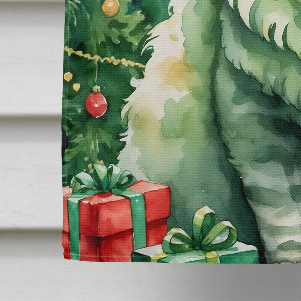 Selkirk Rex Cat By the Christmas Tree House Flag 28x40 Porch Sleeve Pole Decorative Outside Yard Banner Artwork Wall Hanging, Polyester