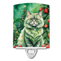 Selkirk Rex Cat By the Christmas Tree Ceramic Night Light Compact, UL-Certified, Ideal for Bedroom, Bathroom, Nursery, Hallway, Kitchen, 6x4x3, Multicolor