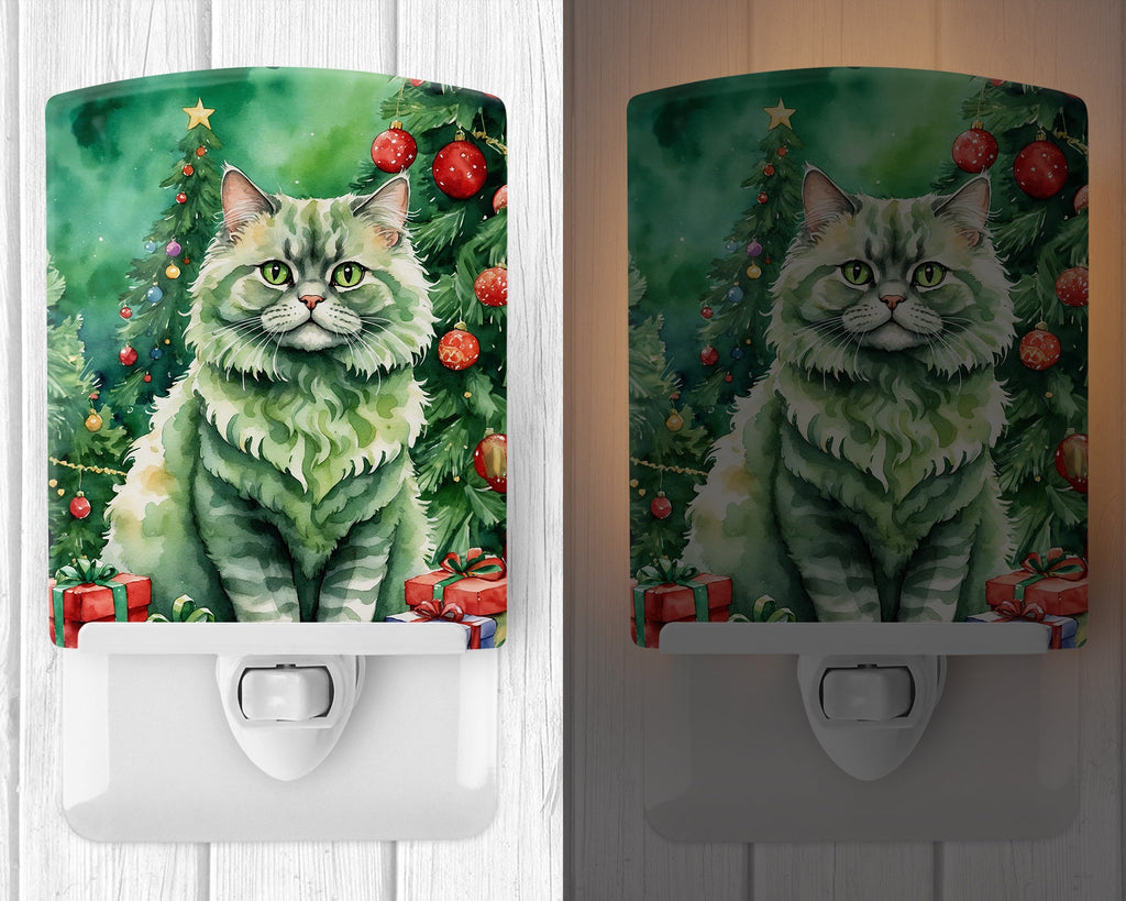Selkirk Rex Cat By the Christmas Tree Ceramic Night Light Compact, UL-Certified, Ideal for Bedroom, Bathroom, Nursery, Hallway, Kitchen, 6x4x3, Multicolor