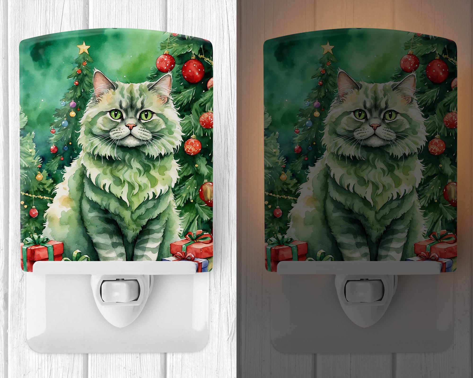 Selkirk Rex Cat By the Christmas Tree Ceramic Night Light Compact, UL-Certified, Ideal for Bedroom, Bathroom, Nursery, Hallway, Kitchen, 6x4x3, Multicolor