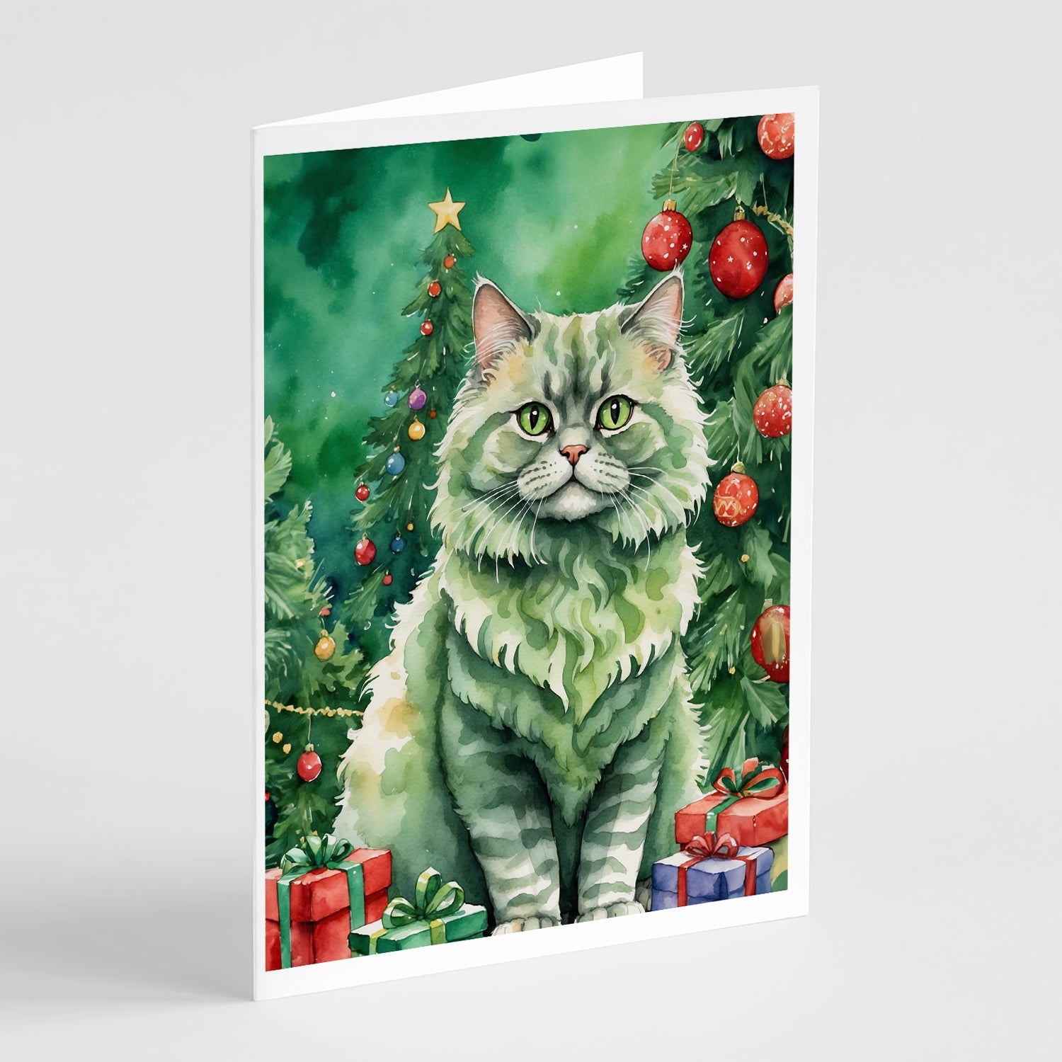 Selkirk Rex Cat By the Christmas Tree Greeting Cards Pack of 8 Blank Cards with Envelopes Whimsical A7 Size 5x7