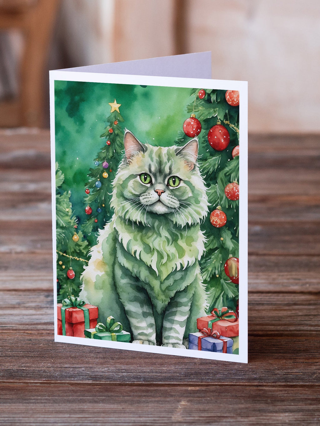 Selkirk Rex Cat By the Christmas Tree Greeting Cards Pack of 8 Blank Cards with Envelopes Whimsical A7 Size 5x7
