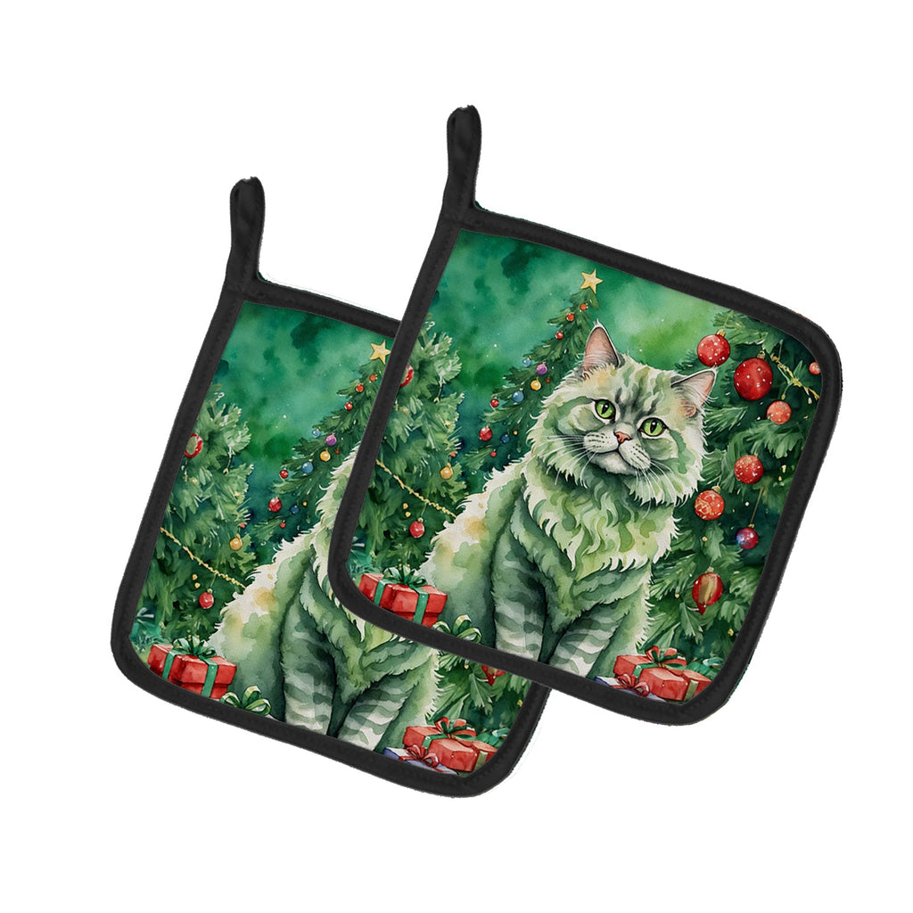 Selkirk Rex Cat By the Christmas Tree Pot Holder Set of 2 Heat Resistant Quilted Hot Pads 7.5 x 7.5 Inch, Insulated Kitchen Trivets for Cooking & Baking