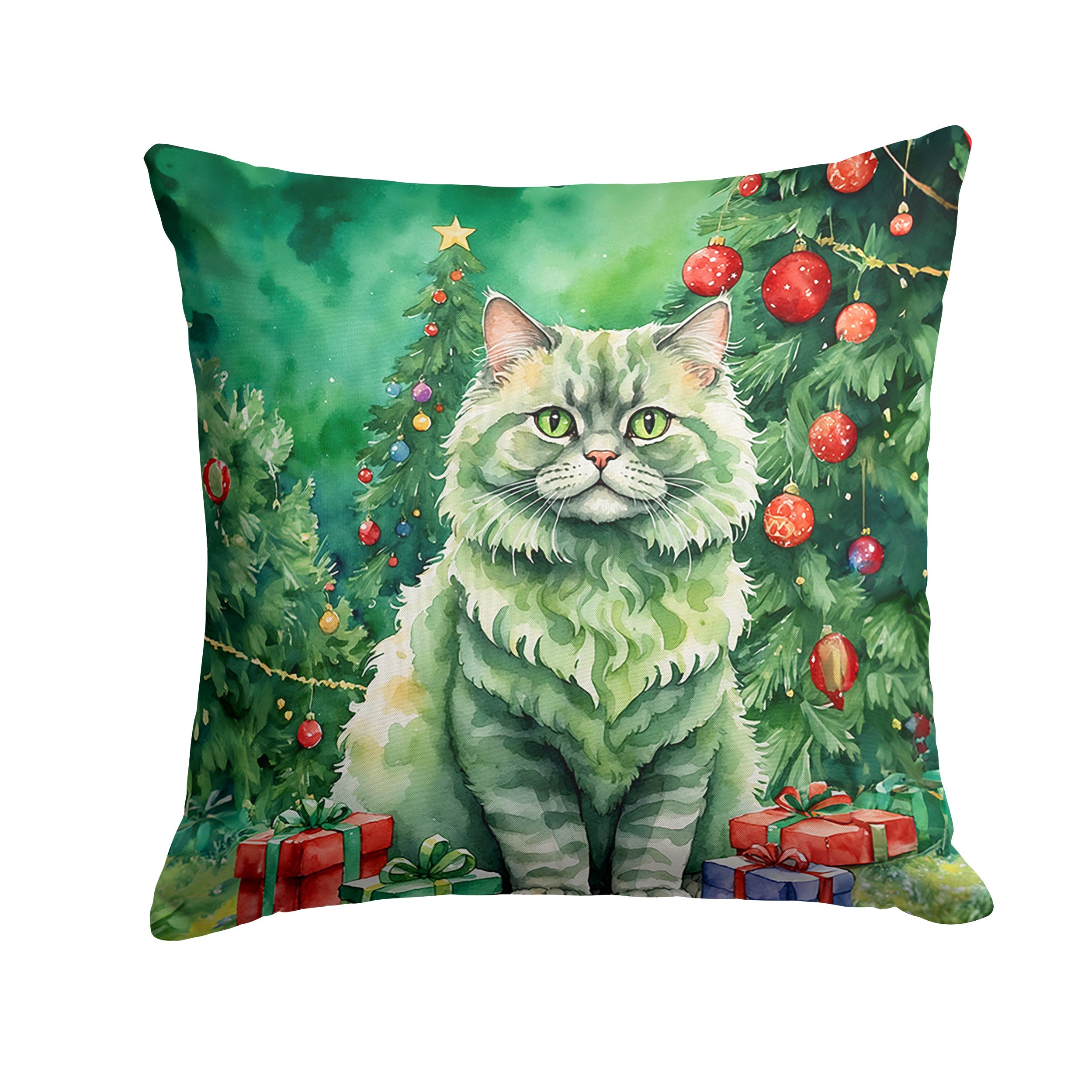 Selkirk Rex Cat By the Christmas Tree Decorative Throw Pillow 14x14 Indoor Outdoor Accent Cushion, Fabric Cover with Insert for Sofa, Bed, Porch & Living Room