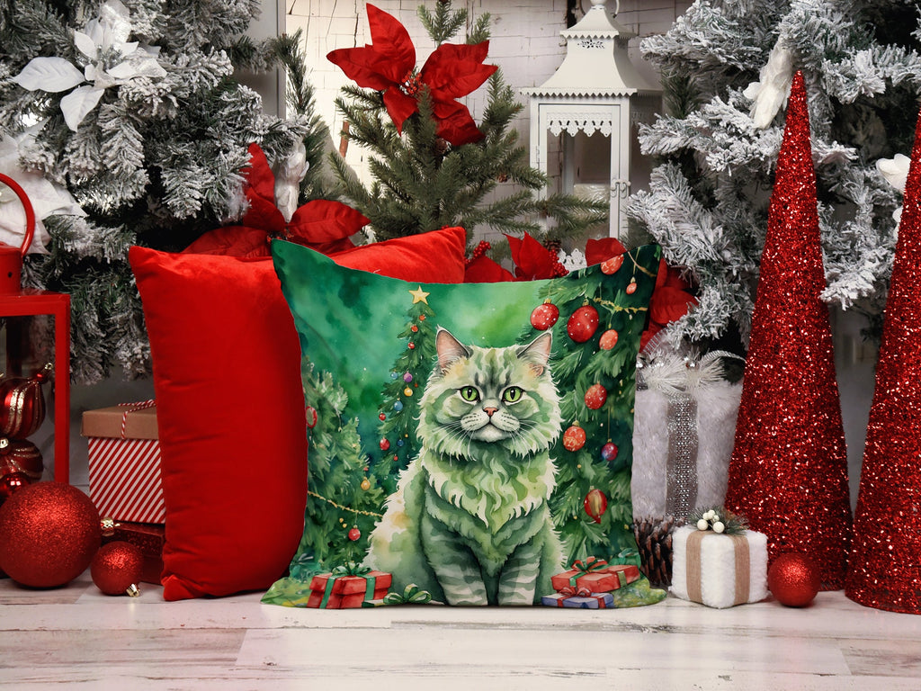 Selkirk Rex Cat By the Christmas Tree Decorative Throw Pillow 18x18 Indoor Outdoor Accent Cushion, Fabric Cover with Insert for Sofa, Bed, Porch & Living Room