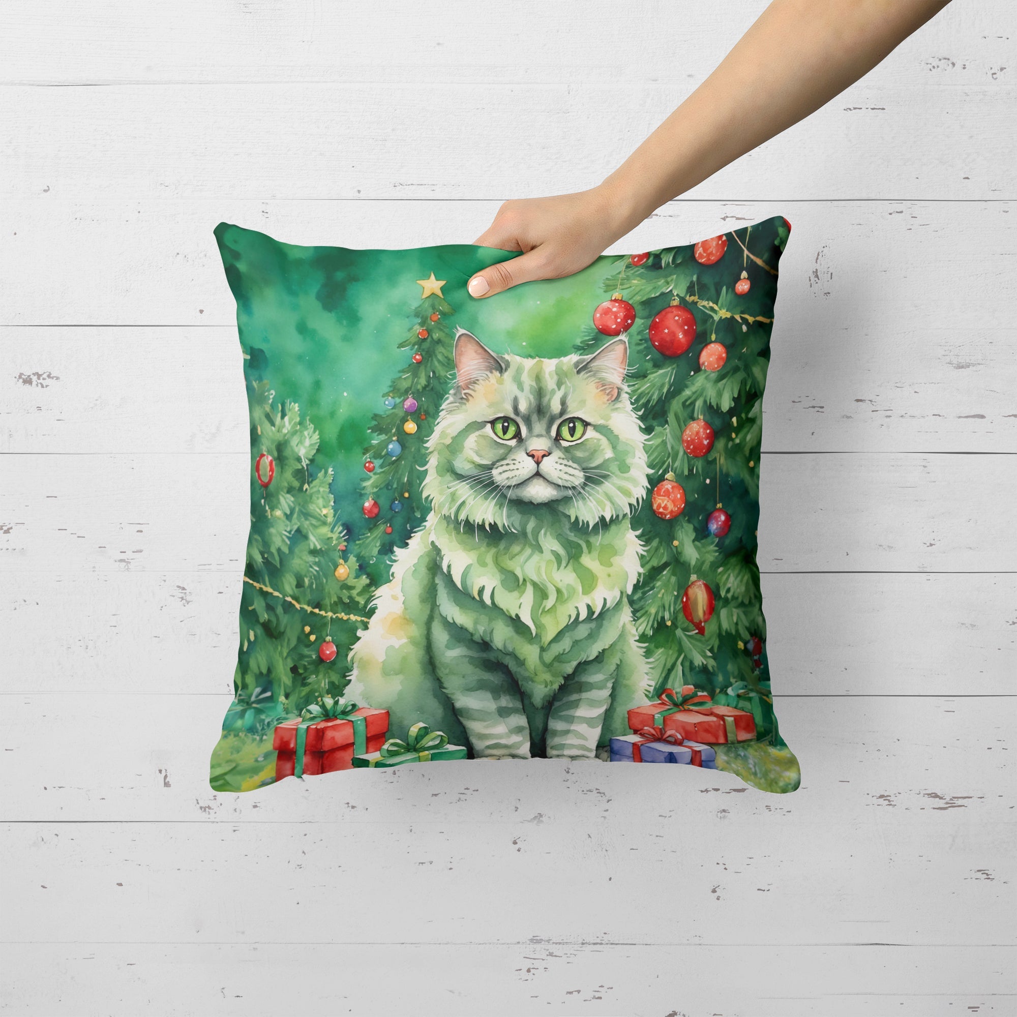 Selkirk Rex Cat By the Christmas Tree Decorative Throw Pillow 18x18 Indoor Outdoor Accent Cushion, Fabric Cover with Insert for Sofa, Bed, Porch & Living Room