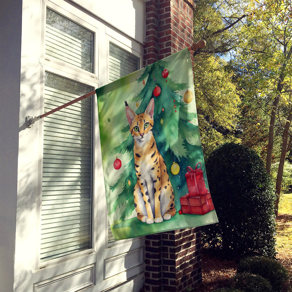 Serengeti Cat By the Christmas Tree House Flag 28x40 Porch Sleeve Pole Decorative Outside Yard Banner Artwork Wall Hanging, Polyester