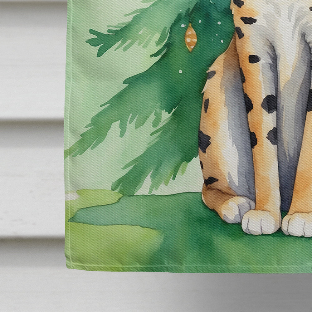Serengeti Cat By the Christmas Tree House Flag 28x40 Porch Sleeve Pole Decorative Outside Yard Banner Artwork Wall Hanging, Polyester