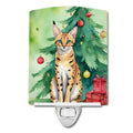 Serengeti Cat By the Christmas Tree Ceramic Night Light Compact, UL-Certified, Ideal for Bedroom, Bathroom, Nursery, Hallway, Kitchen, 6x4x3, Multicolor