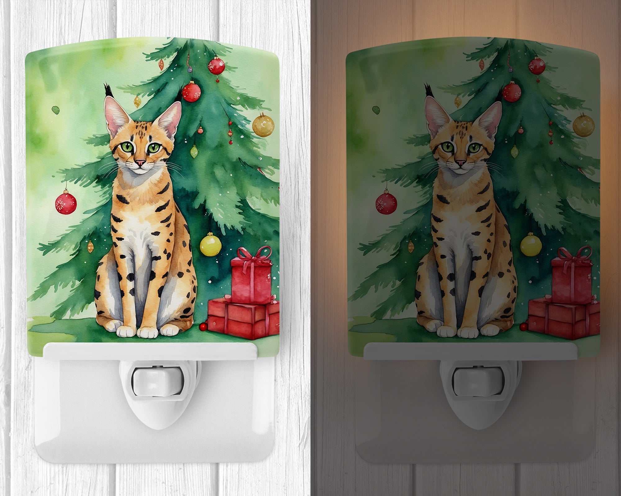 Serengeti Cat By the Christmas Tree Ceramic Night Light Compact, UL-Certified, Ideal for Bedroom, Bathroom, Nursery, Hallway, Kitchen, 6x4x3, Multicolor