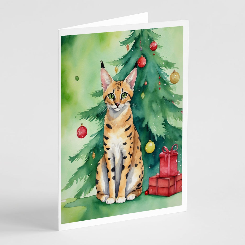 Serengeti Cat By the Christmas Tree Greeting Cards Pack of 8 Blank Cards with Envelopes Whimsical A7 Size 5x7