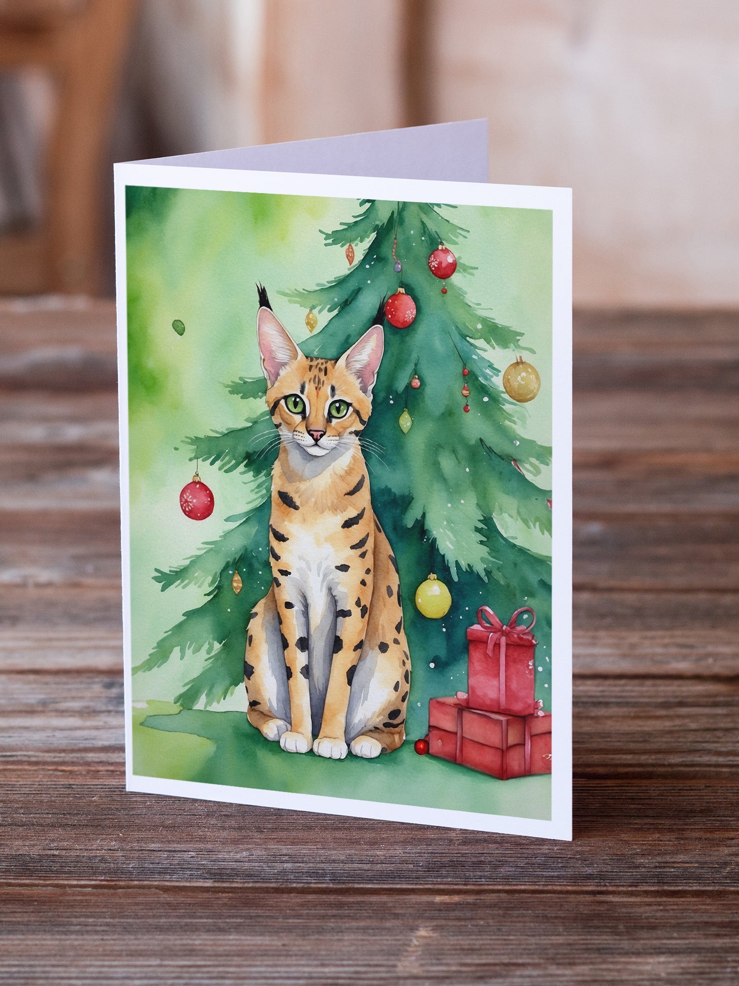 Serengeti Cat By the Christmas Tree Greeting Cards Pack of 8 Blank Cards with Envelopes Whimsical A7 Size 5x7