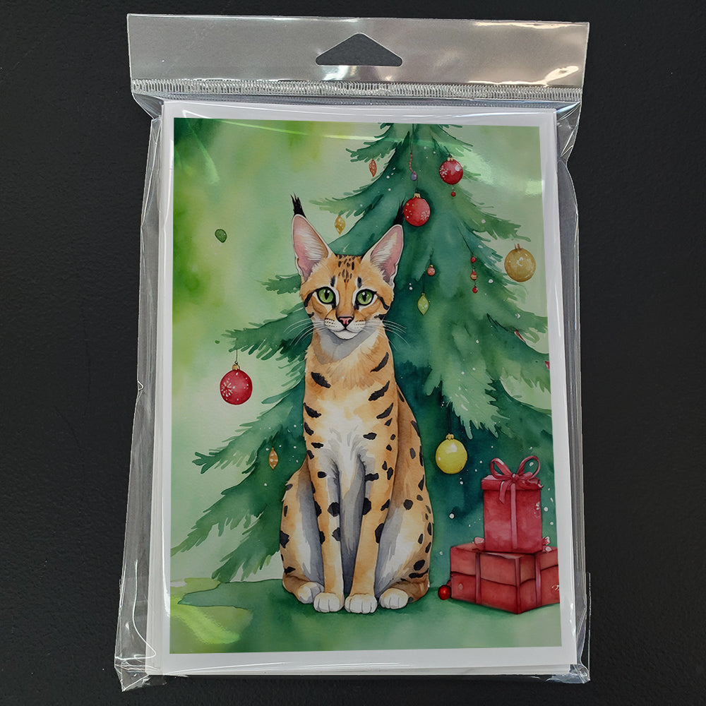 Serengeti Cat By the Christmas Tree Greeting Cards Pack of 8 Blank Cards with Envelopes Whimsical A7 Size 5x7
