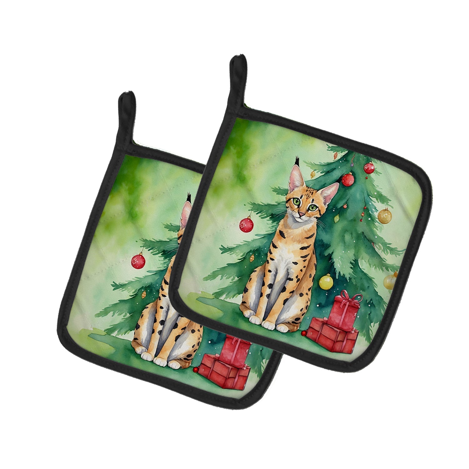 Serengeti Cat By the Christmas Tree Pot Holder Set of 2 Heat Resistant Quilted Hot Pads 7.5 x 7.5 Inch, Insulated Kitchen Trivets for Cooking & Baking