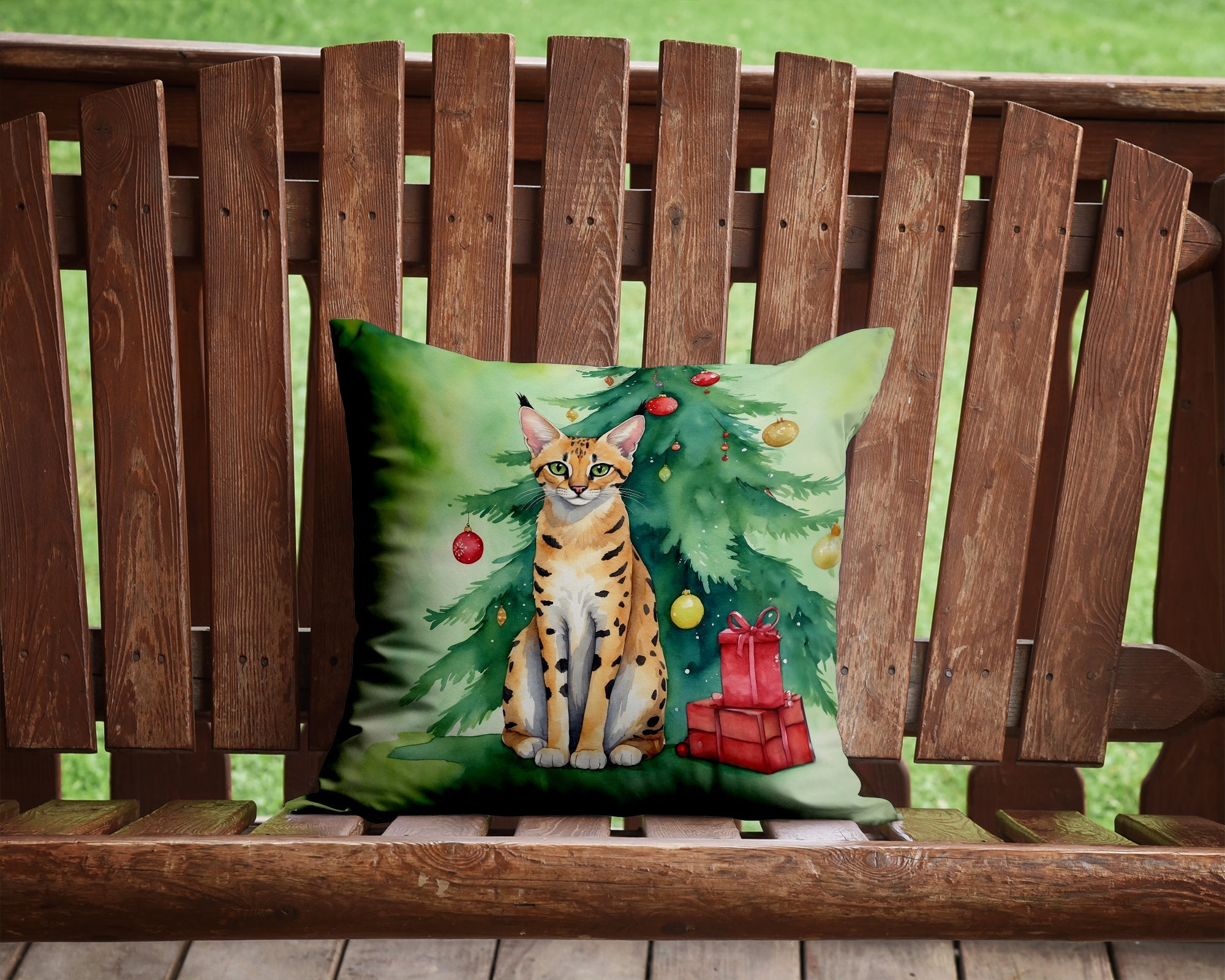 Serengeti Cat By the Christmas Tree Decorative Throw Pillow 14x14 Indoor Outdoor Accent Cushion, Fabric Cover with Insert for Sofa, Bed, Porch & Living Room