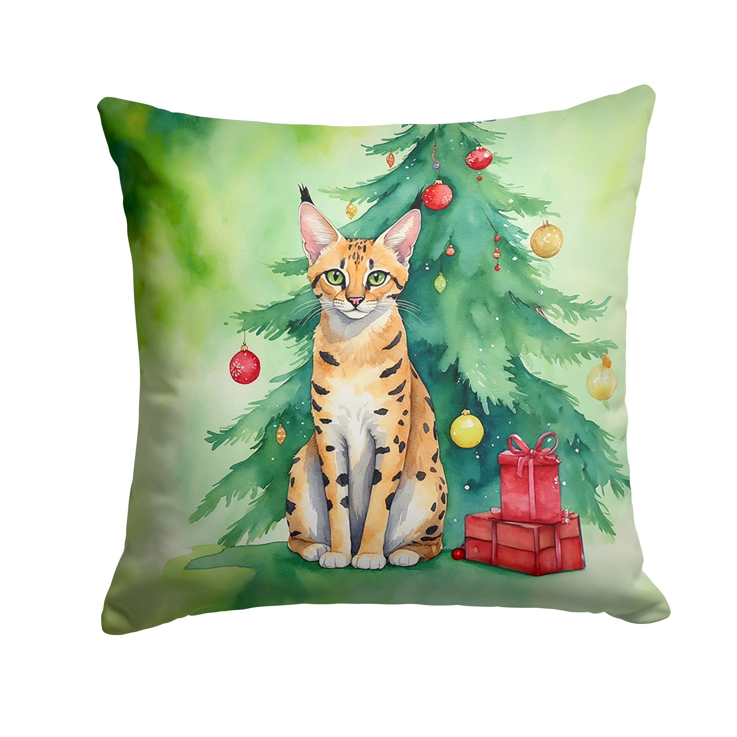 Serengeti Cat By the Christmas Tree Decorative Throw Pillow 18x18 Indoor Outdoor Accent Cushion, Fabric Cover with Insert for Sofa, Bed, Porch & Living Room