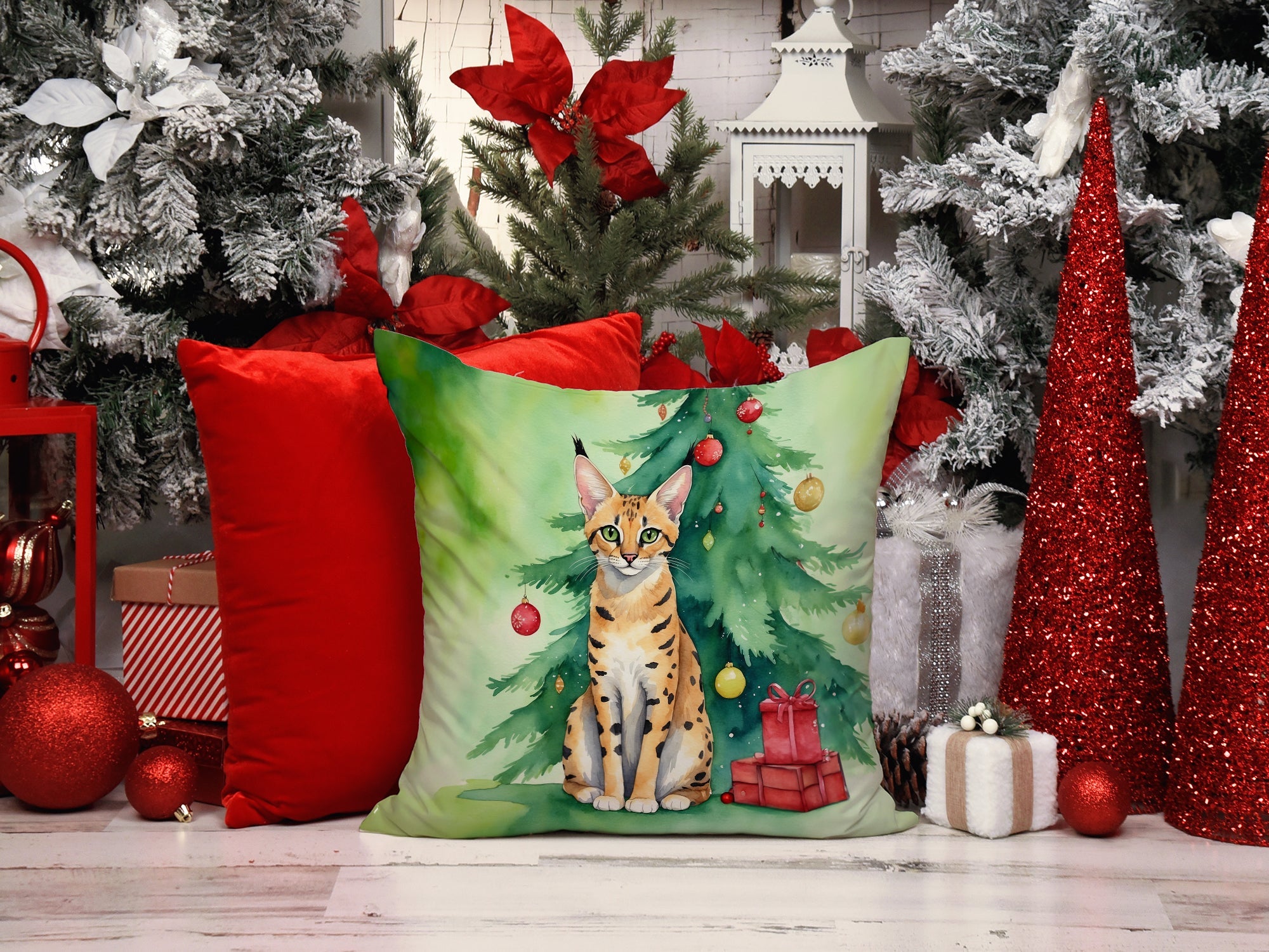 Serengeti Cat By the Christmas Tree Decorative Throw Pillow 18x18 Indoor Outdoor Accent Cushion, Fabric Cover with Insert for Sofa, Bed, Porch & Living Room