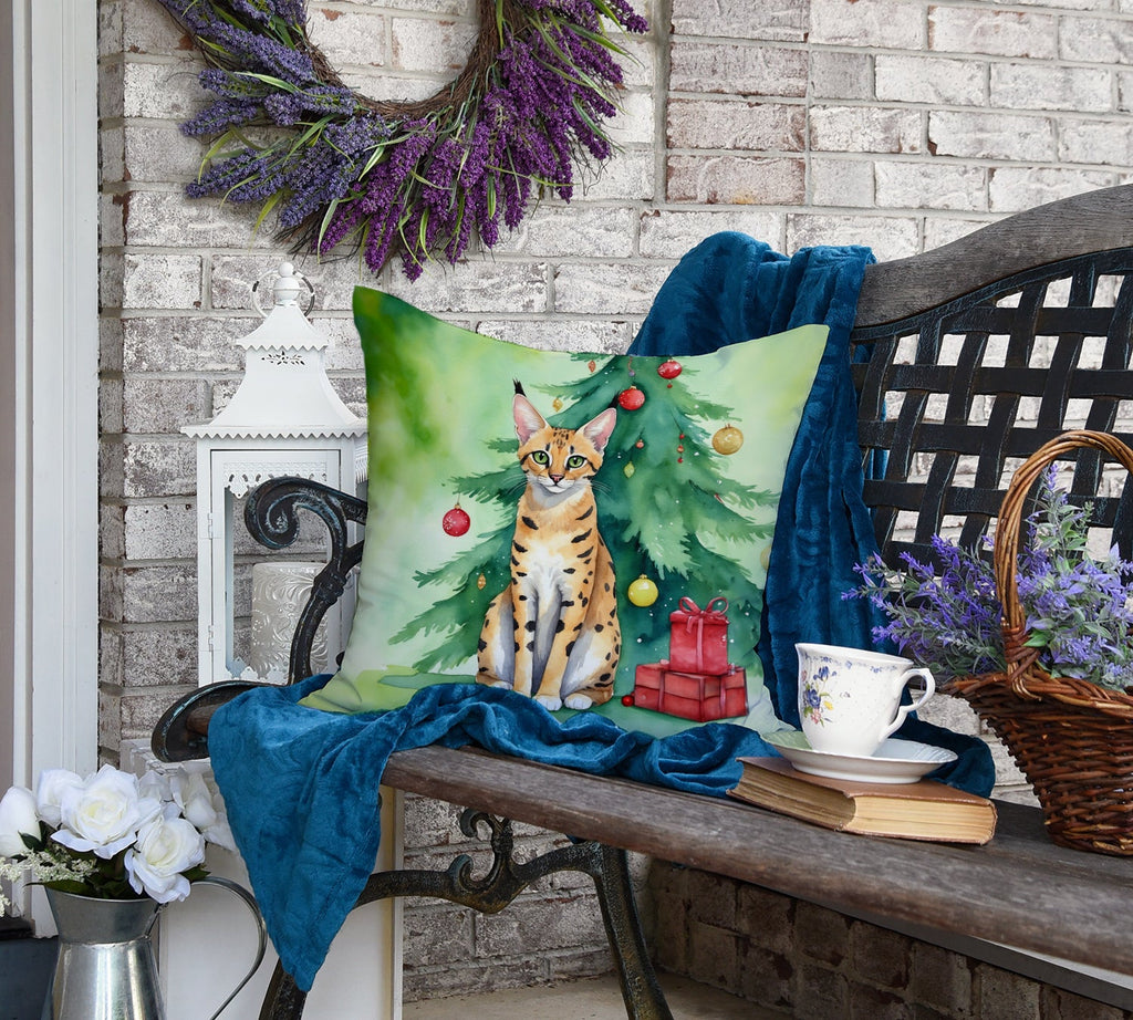 Serengeti Cat By the Christmas Tree Decorative Throw Pillow 18x18 Indoor Outdoor Accent Cushion, Fabric Cover with Insert for Sofa, Bed, Porch & Living Room