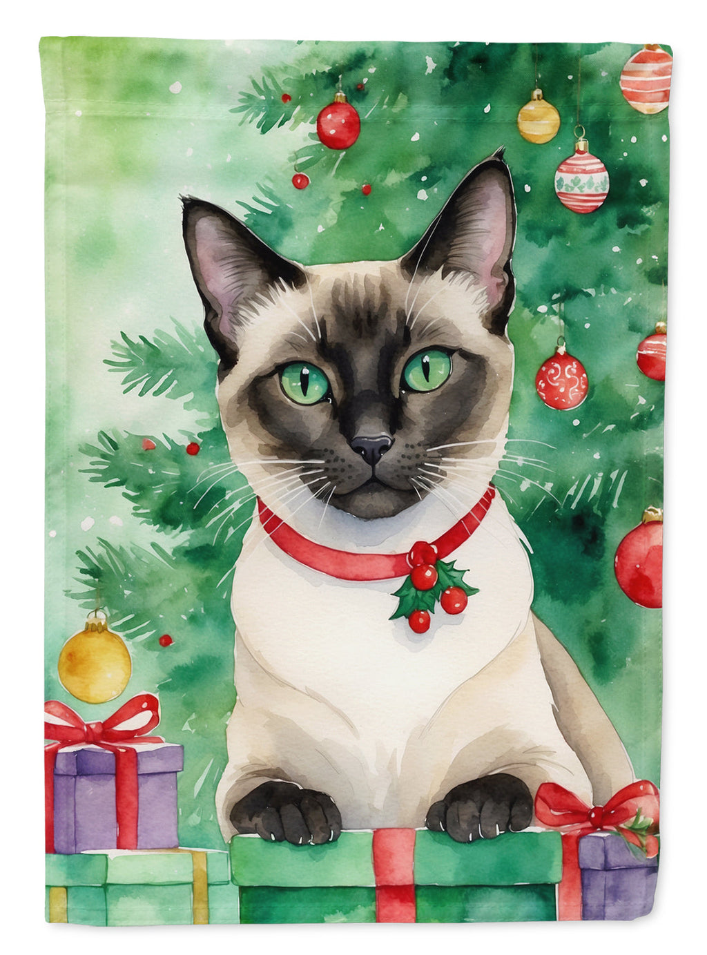 Siamese Cat By the Christmas Tree House Flag 28x40 Porch Sleeve Pole Decorative Outside Yard Banner Artwork Wall Hanging, Polyester