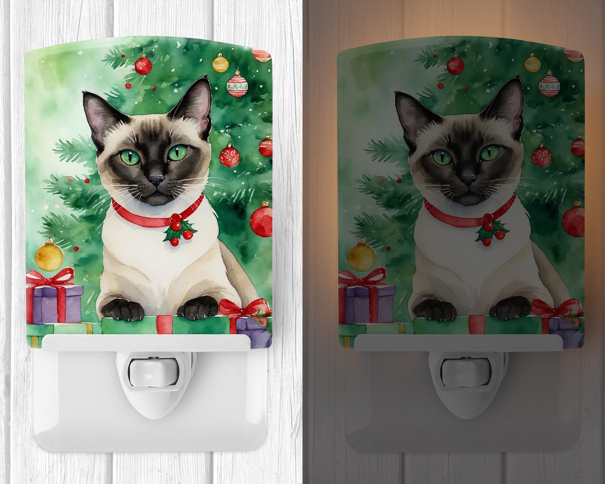 Siamese Cat By the Christmas Tree Ceramic Night Light Compact, UL-Certified, Ideal for Bedroom, Bathroom, Nursery, Hallway, Kitchen, 6x4x3, Multicolor