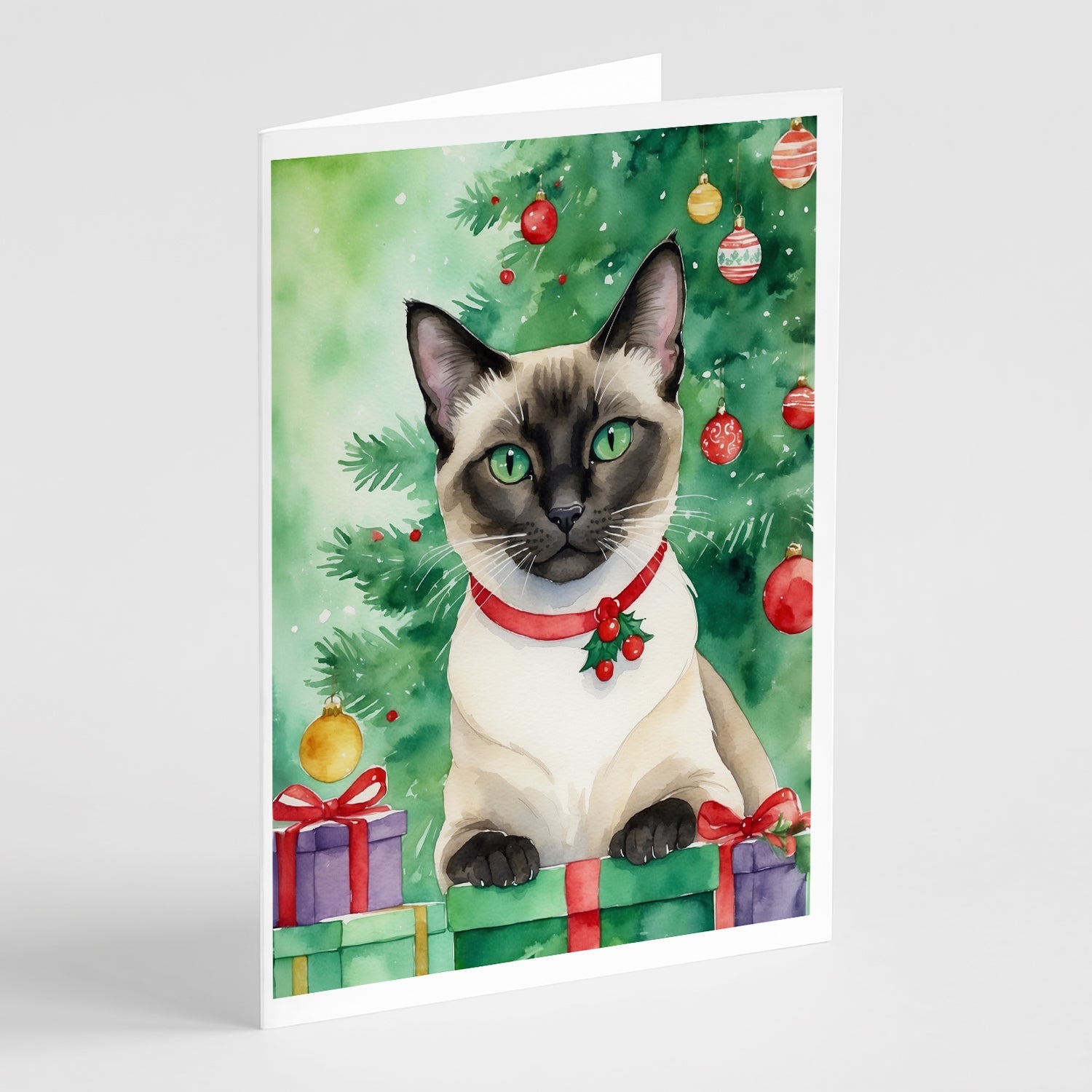 Siamese Cat By the Christmas Tree Greeting Cards Pack of 8 Blank Cards with Envelopes Whimsical A7 Size 5x7