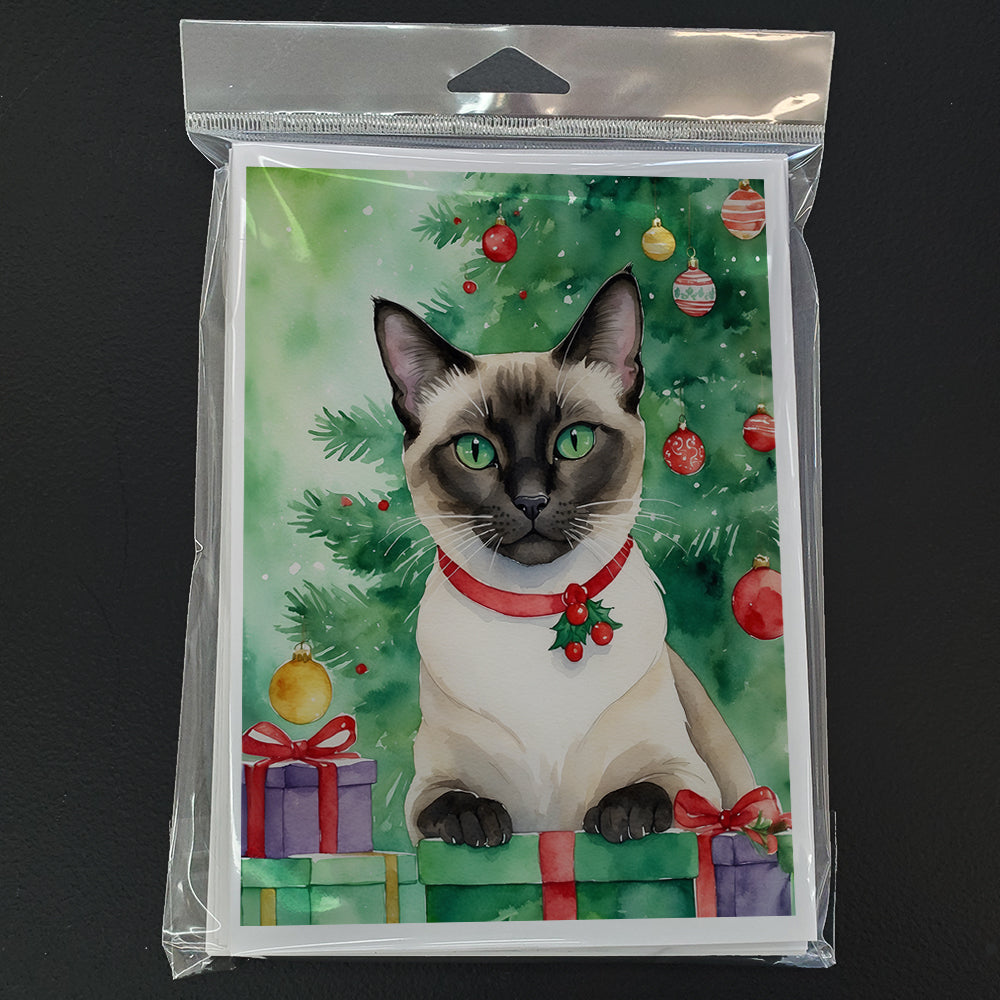 Siamese Cat By the Christmas Tree Greeting Cards Pack of 8 Blank Cards with Envelopes Whimsical A7 Size 5x7
