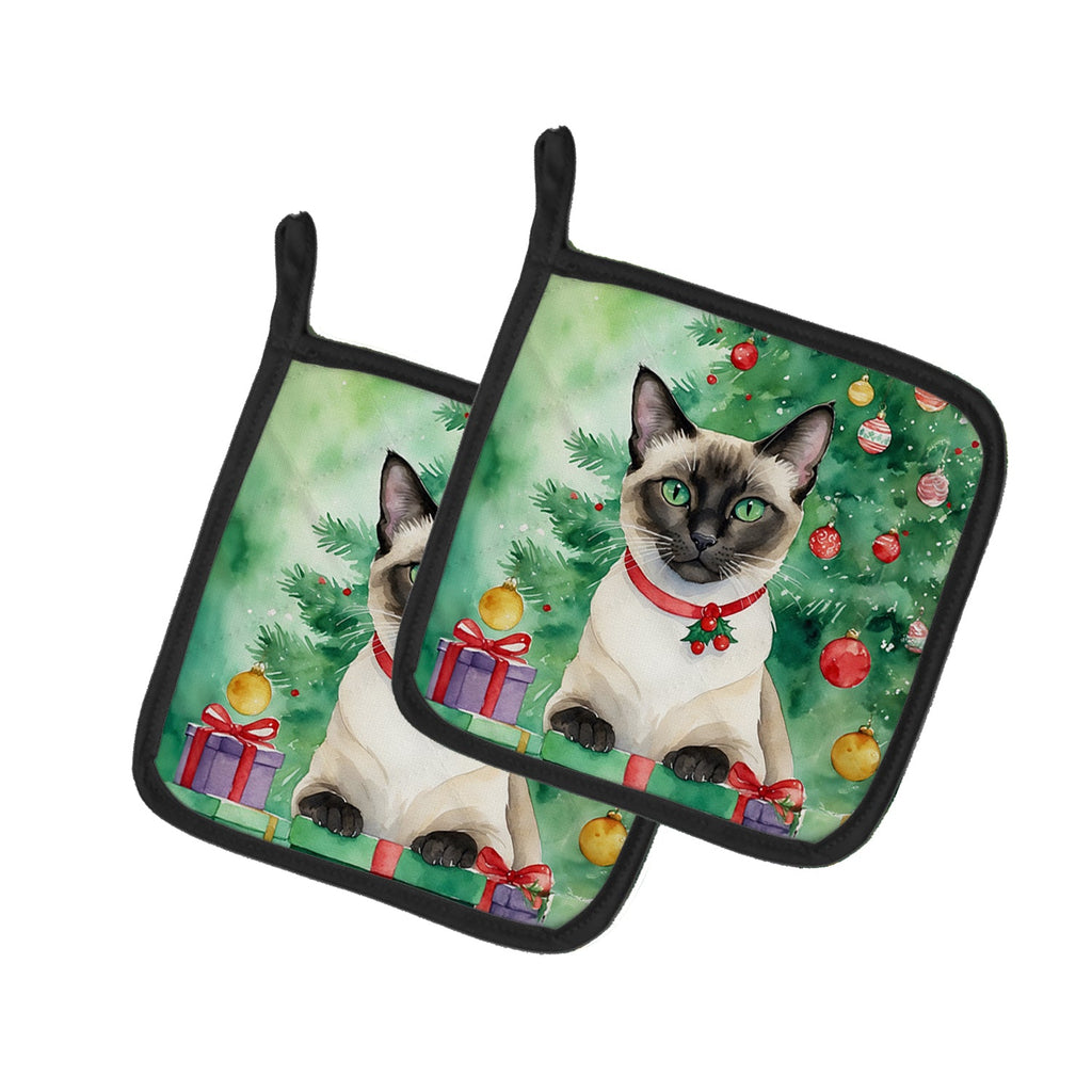 Siamese Cat By the Christmas Tree Pot Holder Set of 2 Heat Resistant Quilted Hot Pads 7.5 x 7.5 Inch, Insulated Kitchen Trivets for Cooking & Baking