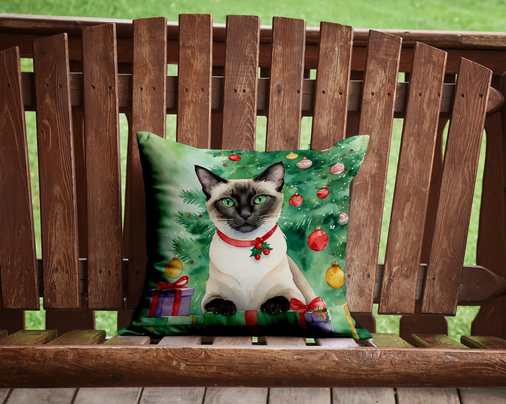 Siamese Cat By the Christmas Tree Decorative Throw Pillow 14x14 Indoor Outdoor Accent Cushion, Fabric Cover with Insert for Sofa, Bed, Porch & Living Room