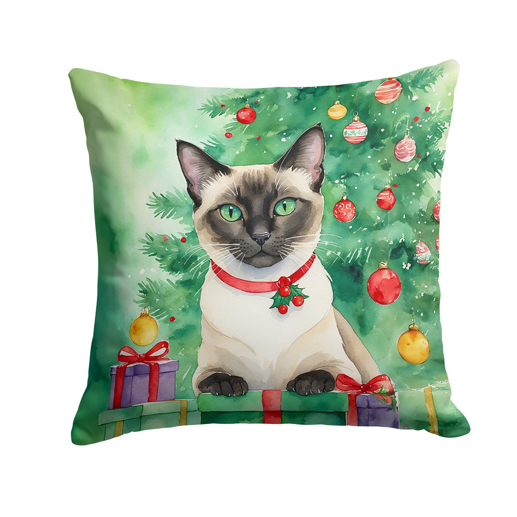 Siamese Cat By the Christmas Tree Decorative Throw Pillow 18x18 Indoor Outdoor Accent Cushion, Fabric Cover with Insert for Sofa, Bed, Porch & Living Room