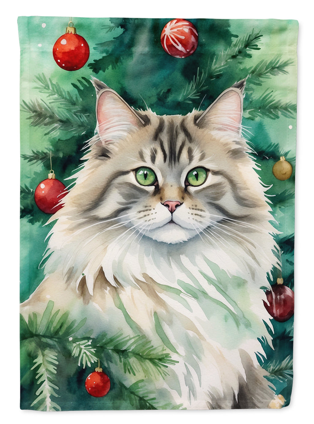Siberian Cat By the Christmas Tree House Flag 28x40 Porch Sleeve Pole Decorative Outside Yard Banner Artwork Wall Hanging, Polyester