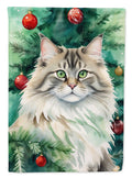 Siberian Cat By the Christmas Tree House Flag 28x40 Porch Sleeve Pole Decorative Outside Yard Banner Artwork Wall Hanging, Polyester