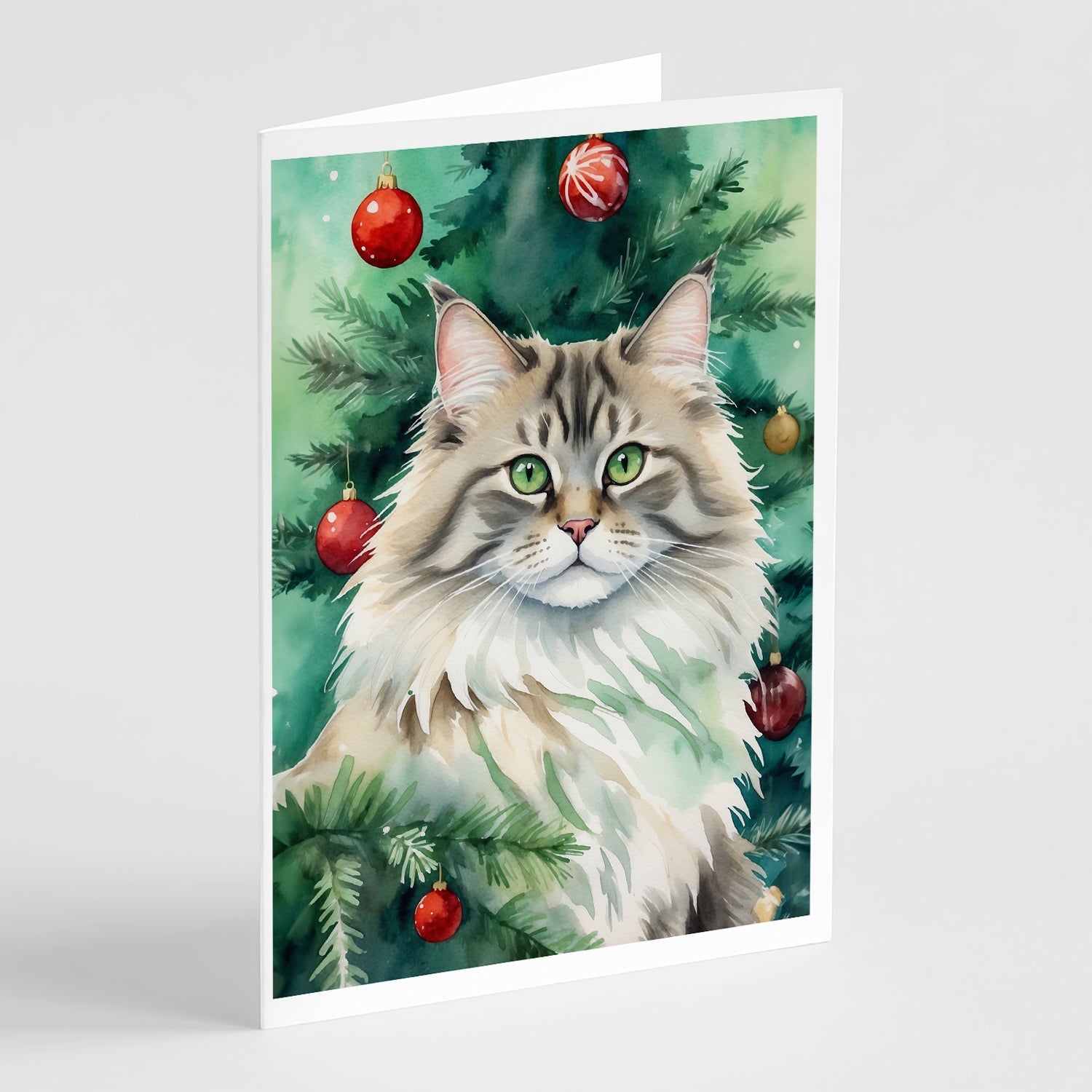 Siberian Cat By the Christmas Tree Greeting Cards Pack of 8 Blank Cards with Envelopes Whimsical A7 Size 5x7