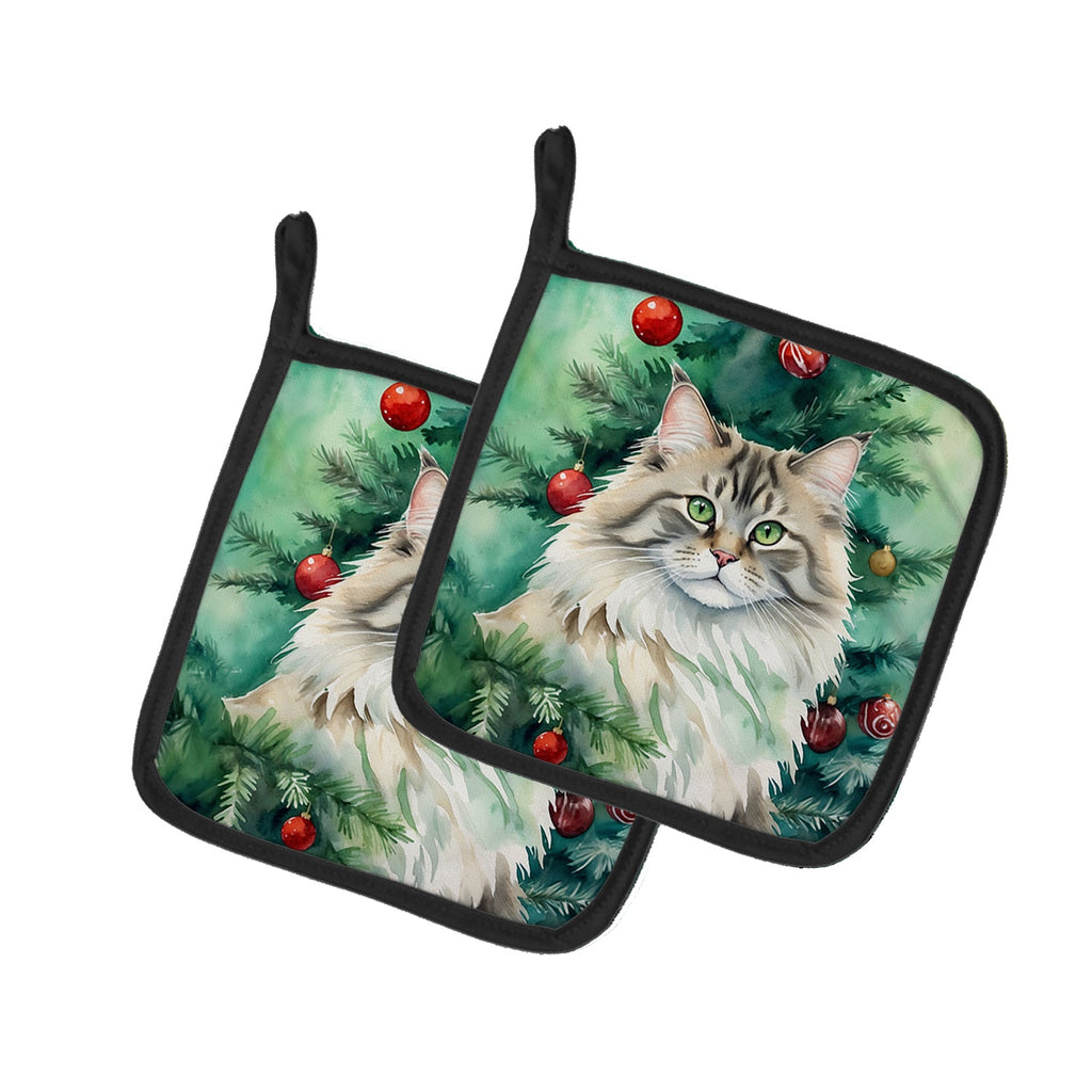 Siberian Cat By the Christmas Tree Pot Holder Set of 2 Heat Resistant Quilted Hot Pads 7.5 x 7.5 Inch, Insulated Kitchen Trivets for Cooking & Baking