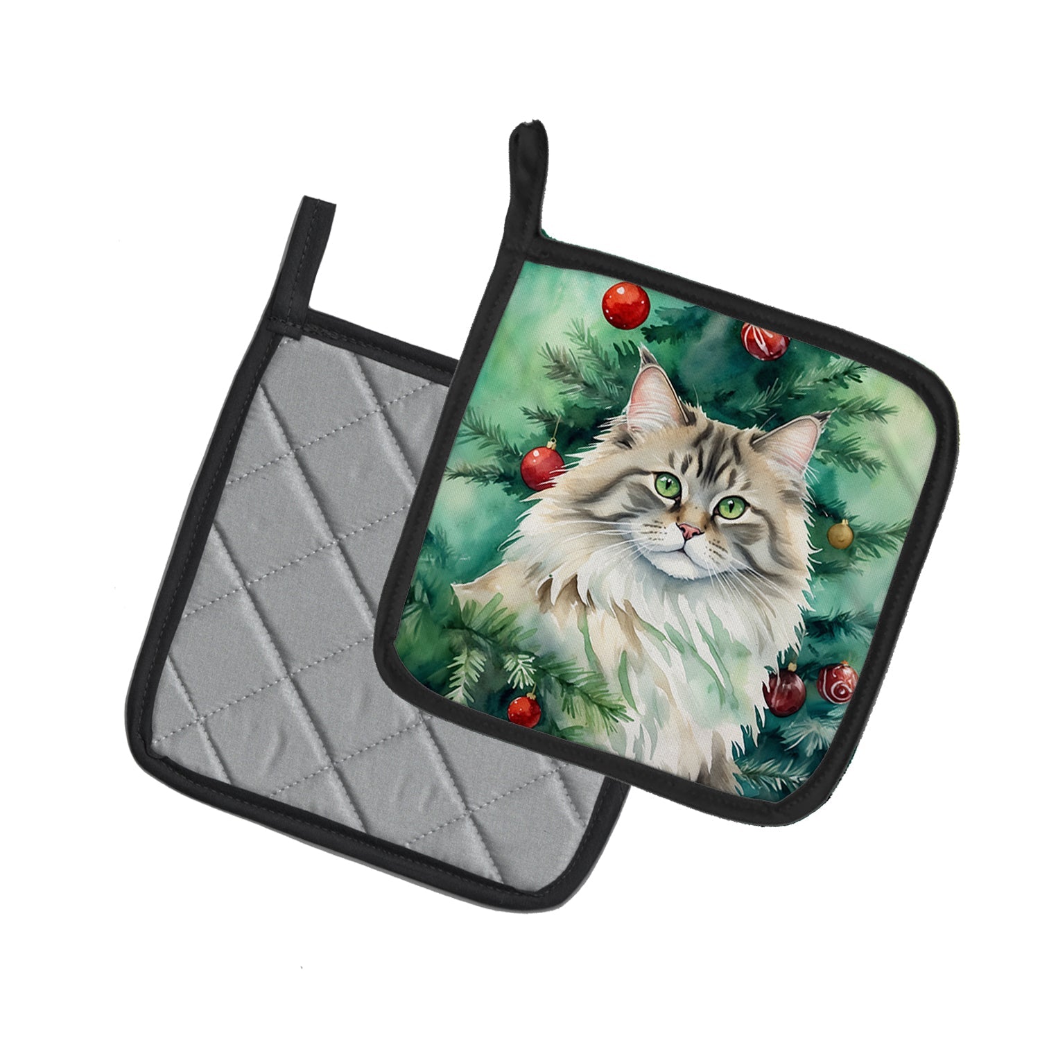 Siberian Cat By the Christmas Tree Pot Holder Set of 2 Heat Resistant Quilted Hot Pads 7.5 x 7.5 Inch, Insulated Kitchen Trivets for Cooking & Baking