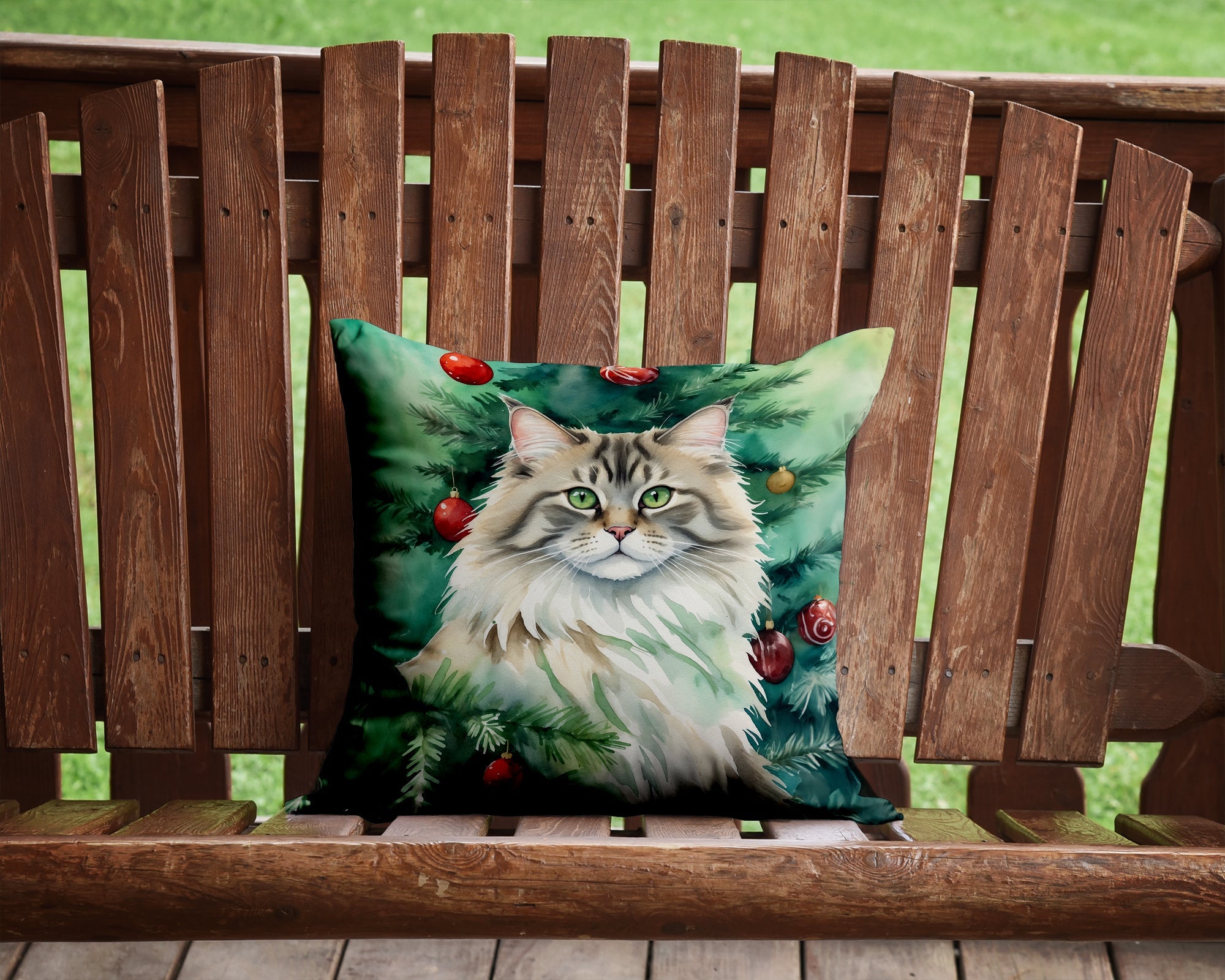 Siberian Cat By the Christmas Tree Decorative Throw Pillow 14x14 Indoor Outdoor Accent Cushion, Fabric Cover with Insert for Sofa, Bed, Porch & Living Room