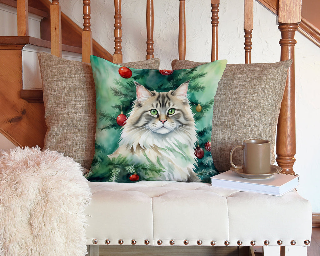 Siberian Cat By the Christmas Tree Decorative Throw Pillow 14x14 Indoor Outdoor Accent Cushion, Fabric Cover with Insert for Sofa, Bed, Porch & Living Room